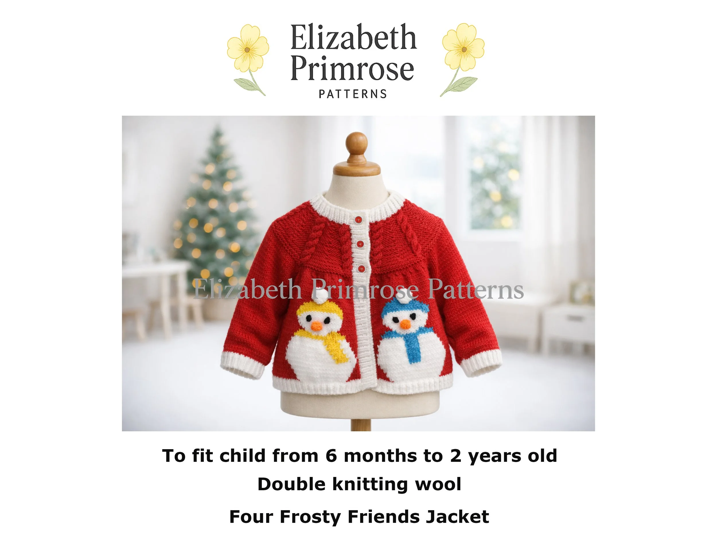 Red children’s Christmas cardigan on a mannequin, featuring two intarsia snowmen with colourful hats and scarves, shown in a softly lit festive room.