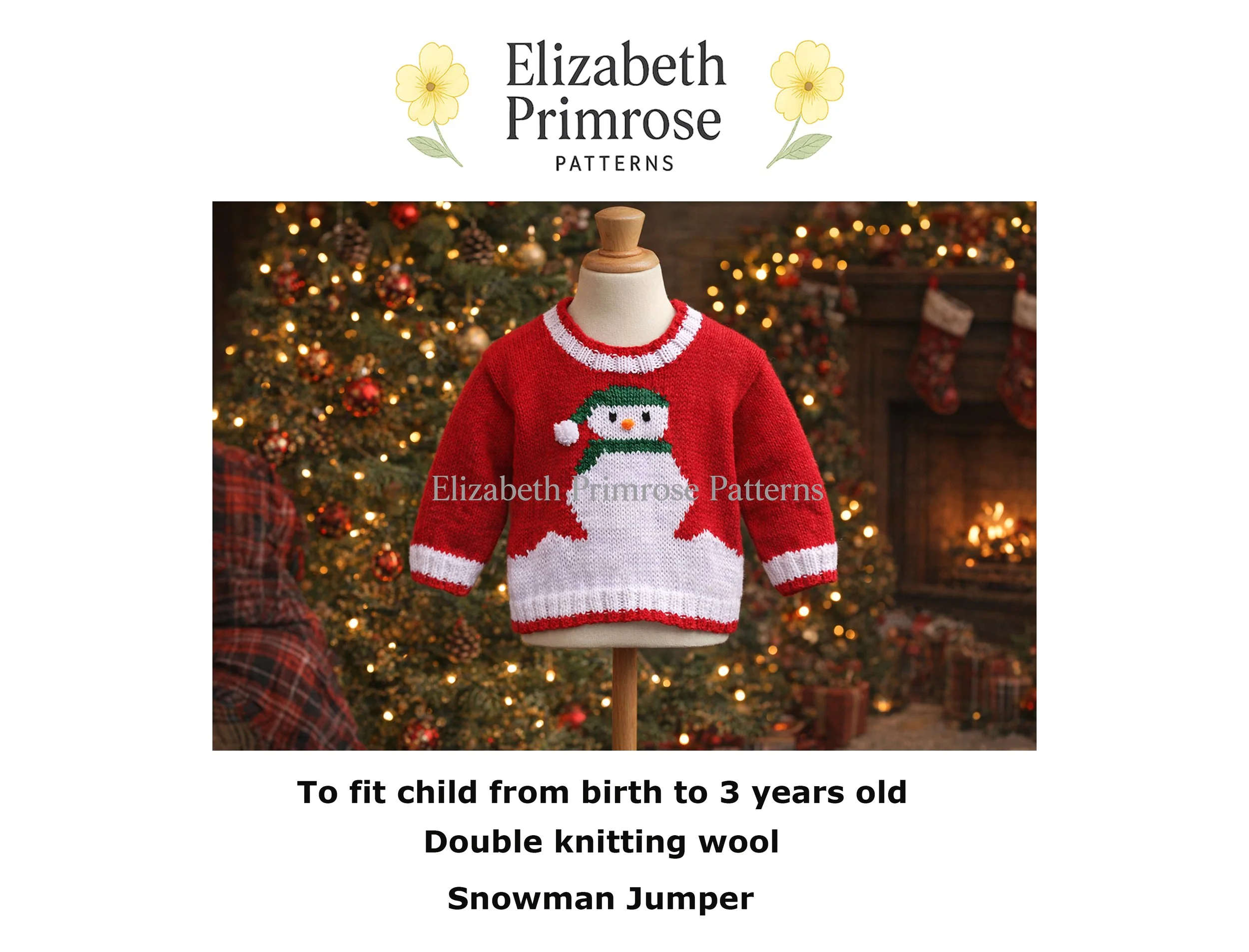 Red children’s Snowman Jumper with intarsia snowman motif, white trim and pom‑pom hat, displayed on a mannequin with a festive Christmas background. Elizabeth Primrose Patterns knitting pattern.