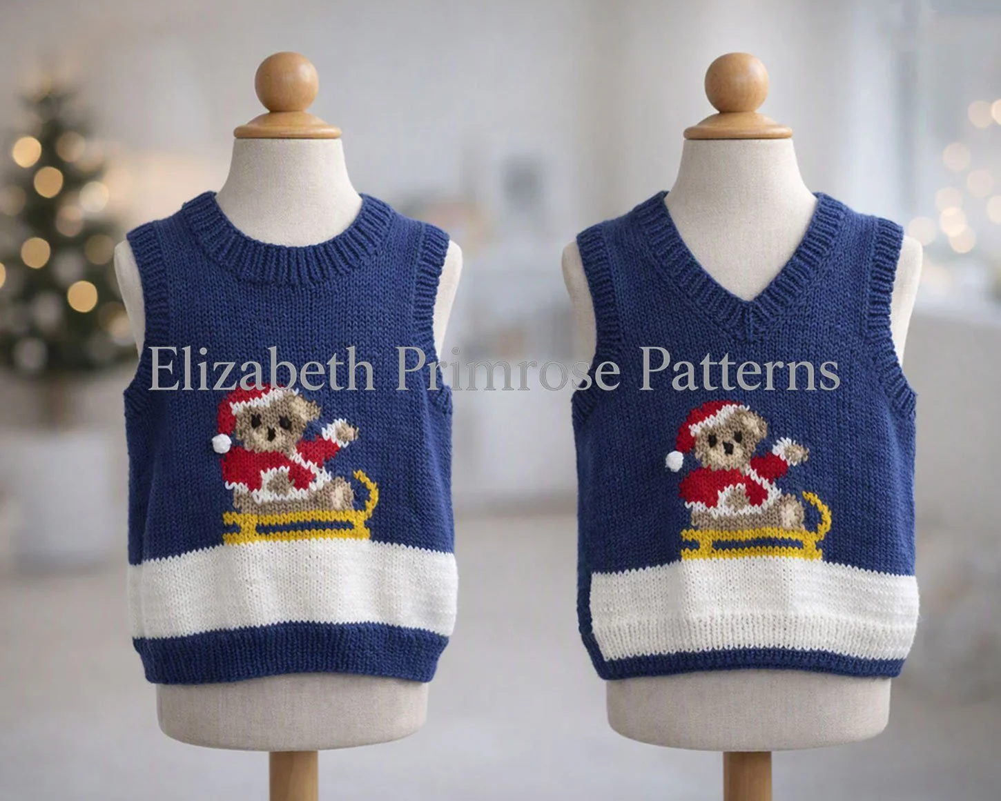 Hand-knitted festive tank tops on child mannequins, showing round and V-neck styles against a blurred minimalist holiday background.