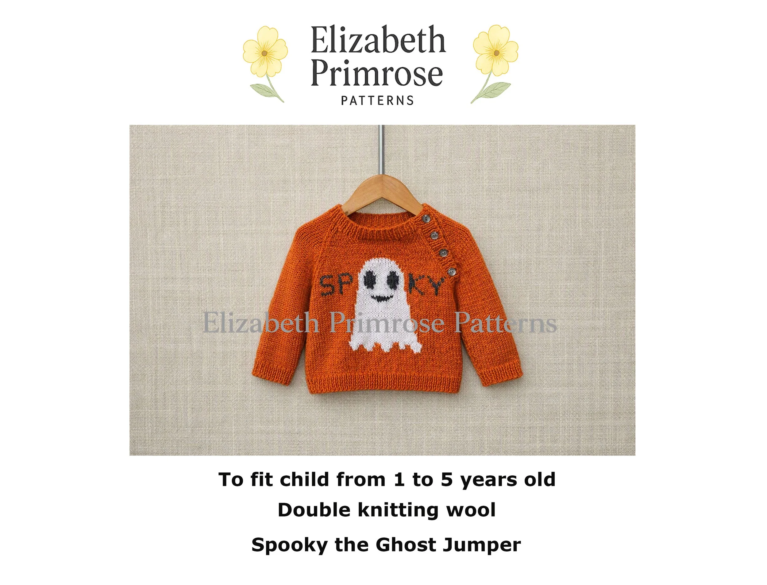 Orange children’s jumper with ghost motif and “spooky” lettering, shown on hanger with side buttons against a neutral textured background.
