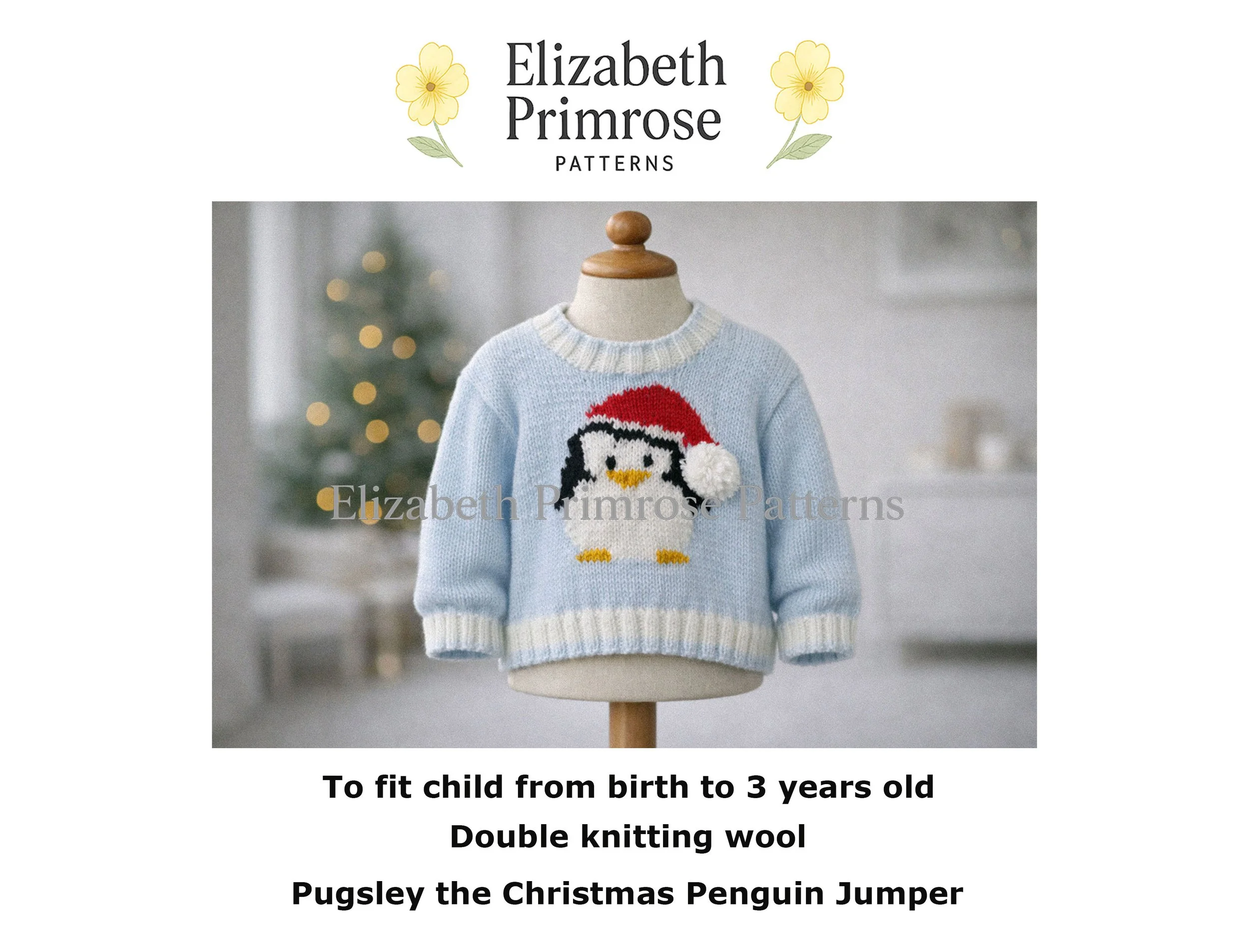 Light blue children’s Christmas jumper on a wooden mannequin, featuring a penguin in a Santa hat against a softly blurred festive background.
