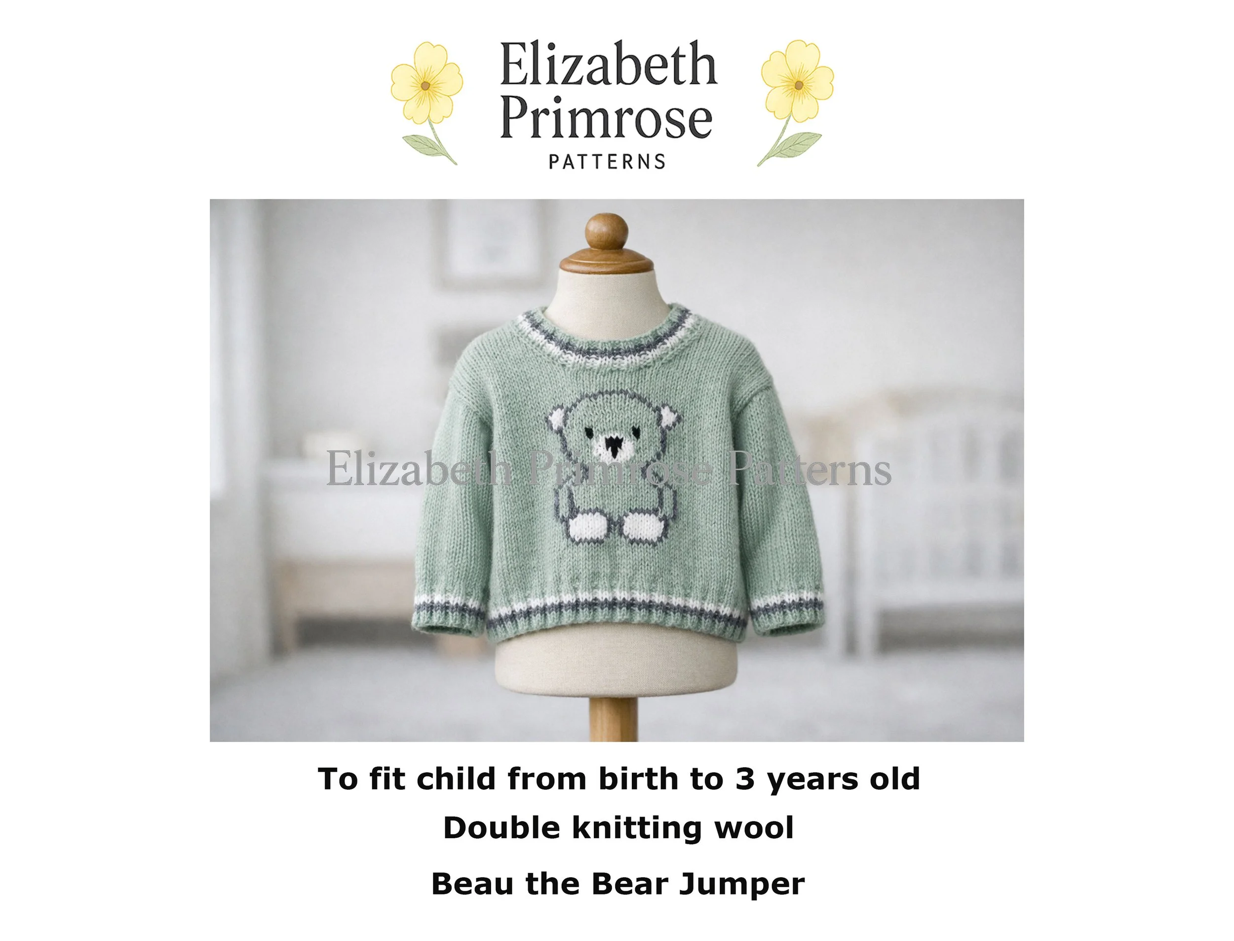 Hand-knitted sage green baby jumper with koala bear motif, displayed on child mannequin in Scandinavian nursery background.