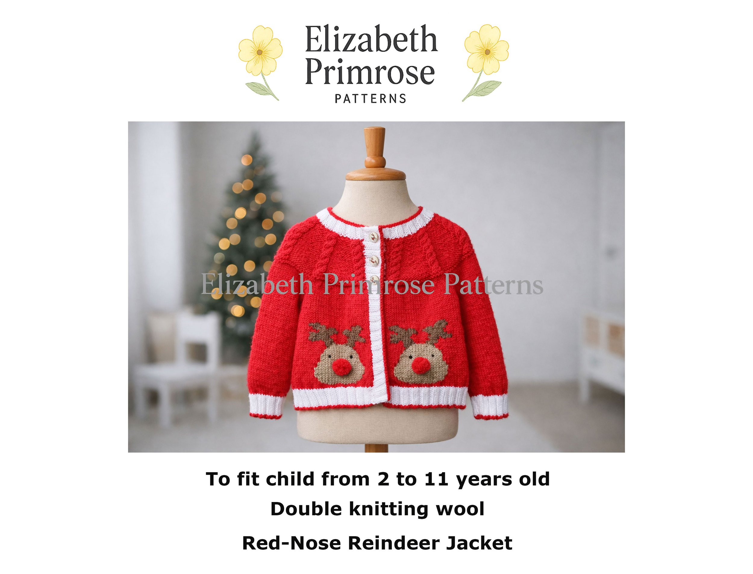 Red children’s Christmas jacket on a mannequin with reindeer motifs and white trim, photographed in a softly lit Scandinavian room with a blurred festive tree.