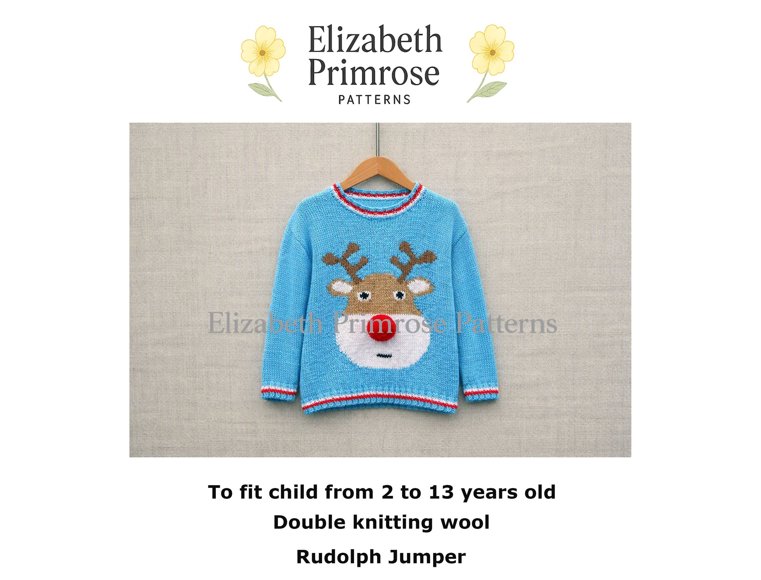 Blue hand knitted reindeer jumper on hanger with soft beige backdrop and festive front Rudolph motif centered.