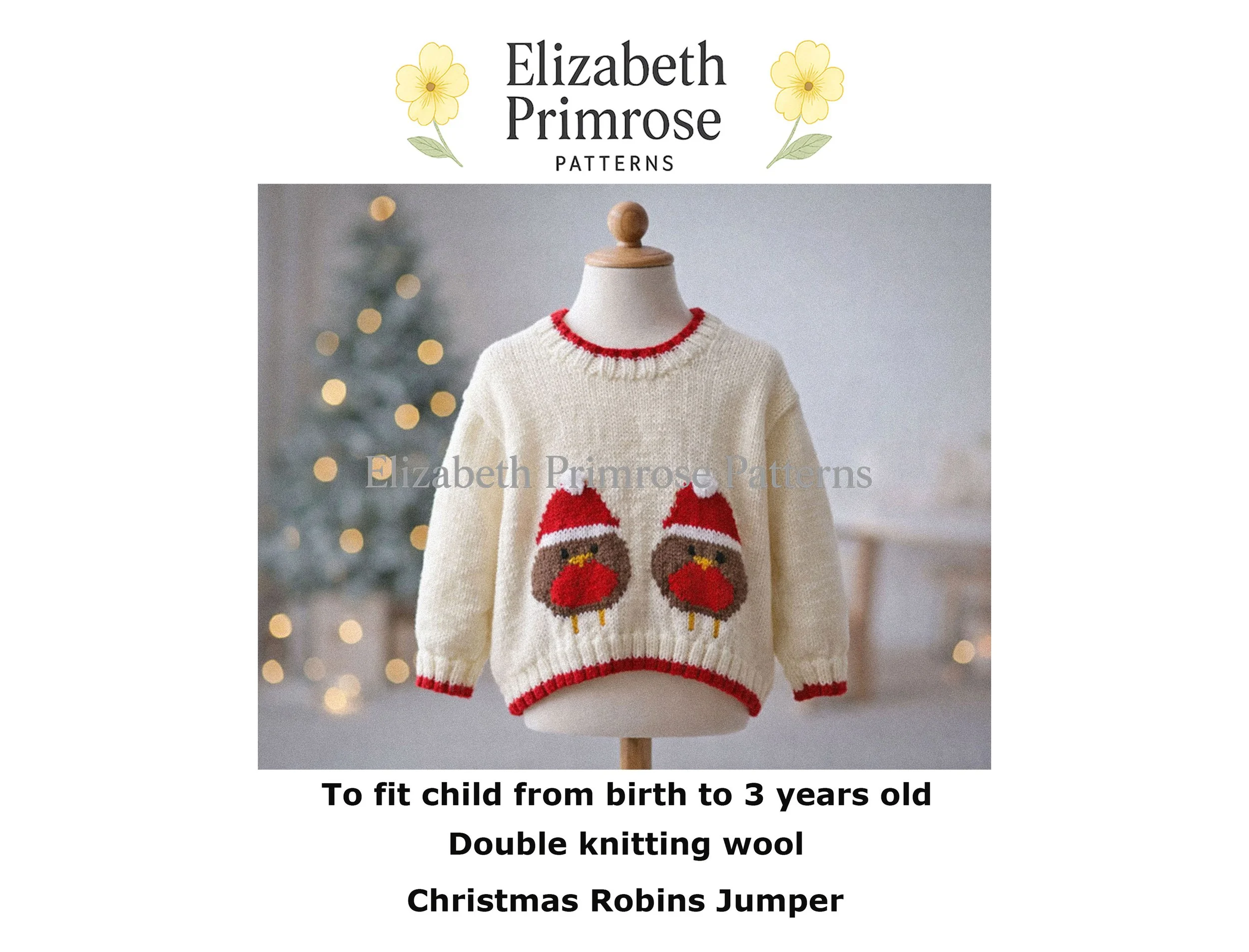 Cream hand knitted children’s jumper with two robins in Santa hats, displayed on a mannequin in a softly lit Scandinavian Christmas room.