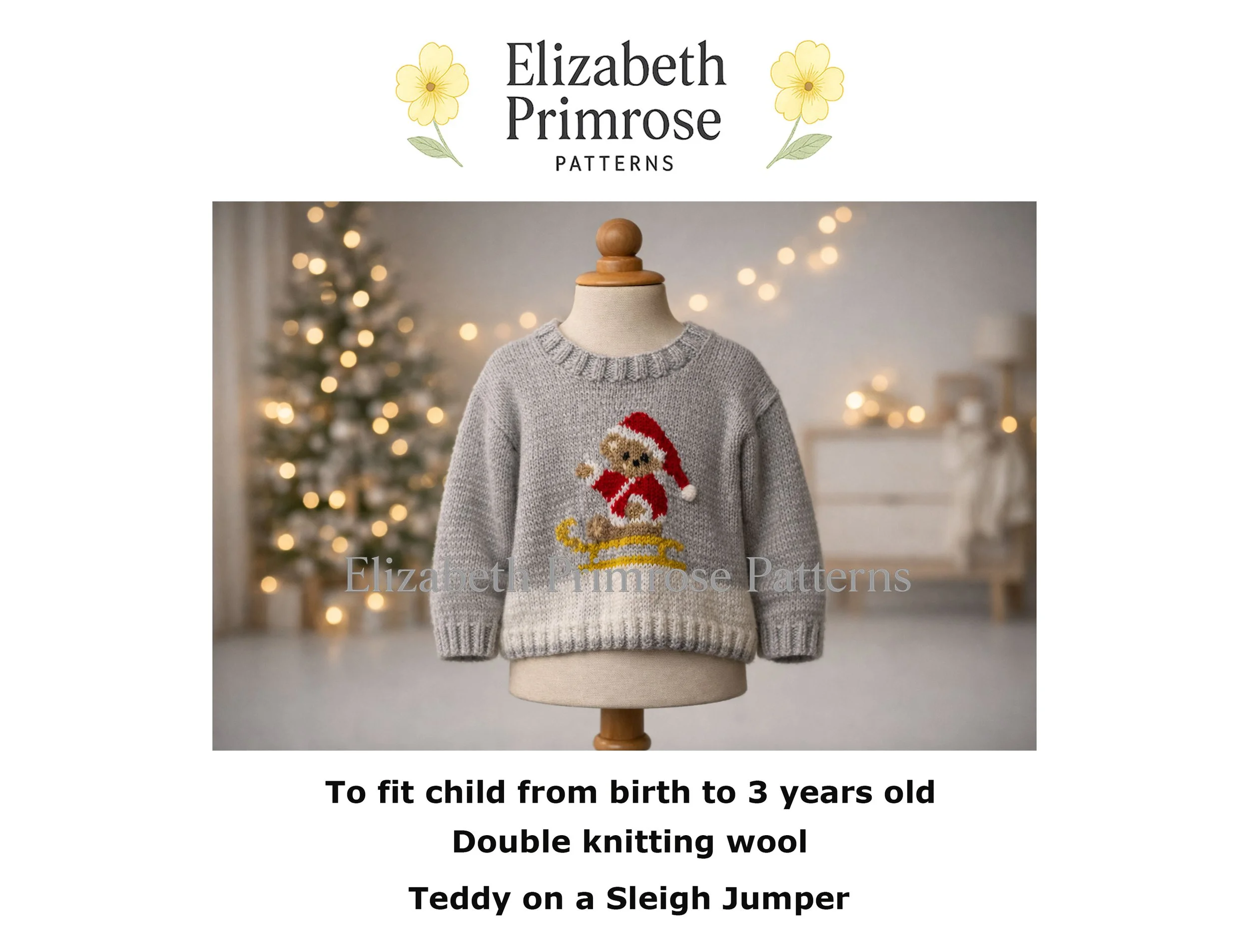 Grey children’s jumper with Santa teddy bear on a yellow sleigh, hanging on a wooden mannequin before a softly lit Christmas tree.