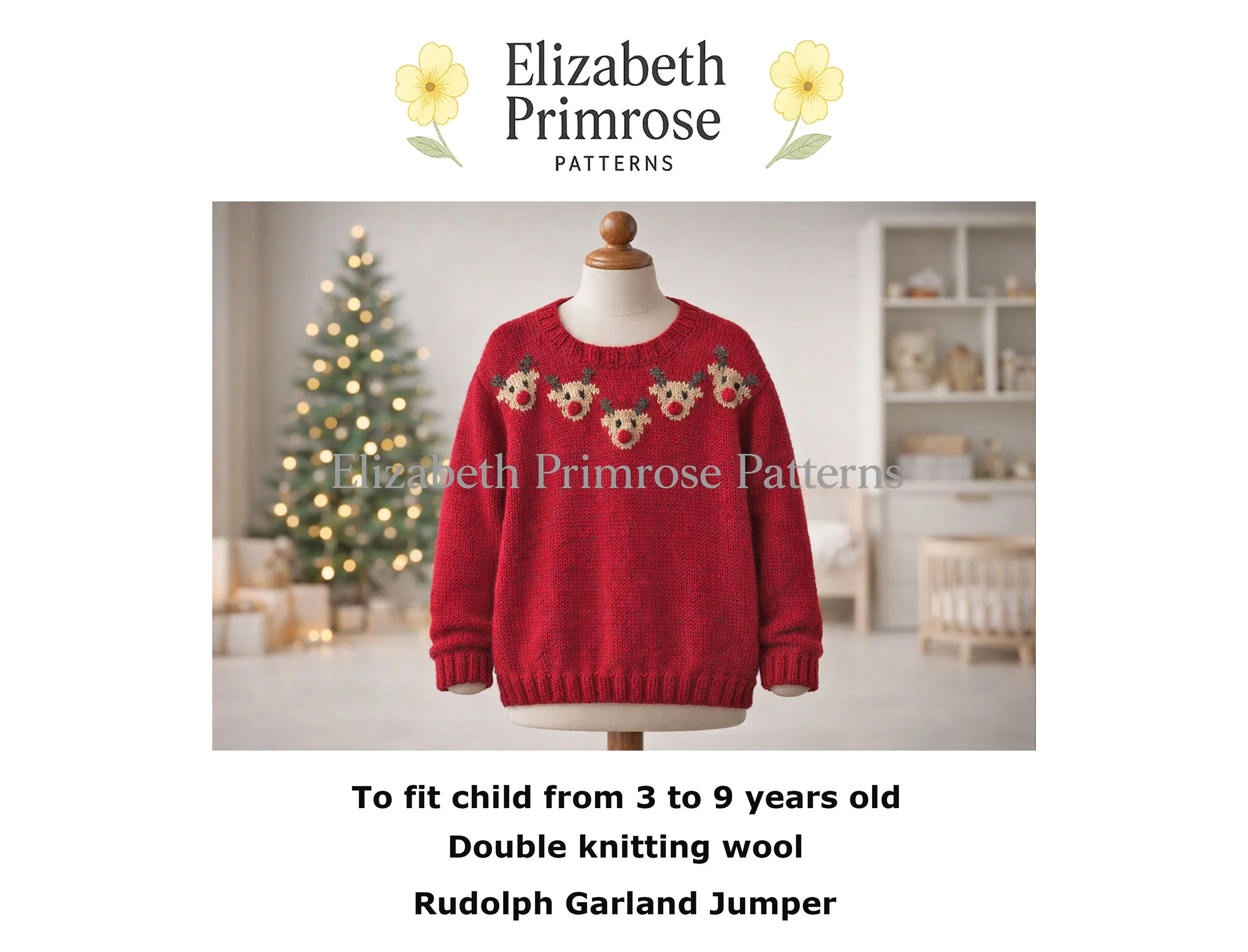 Red children’s jumper on a mannequin with five Rudolph faces across the chest, shown in a softly lit Christmas room with blurred tree lights.