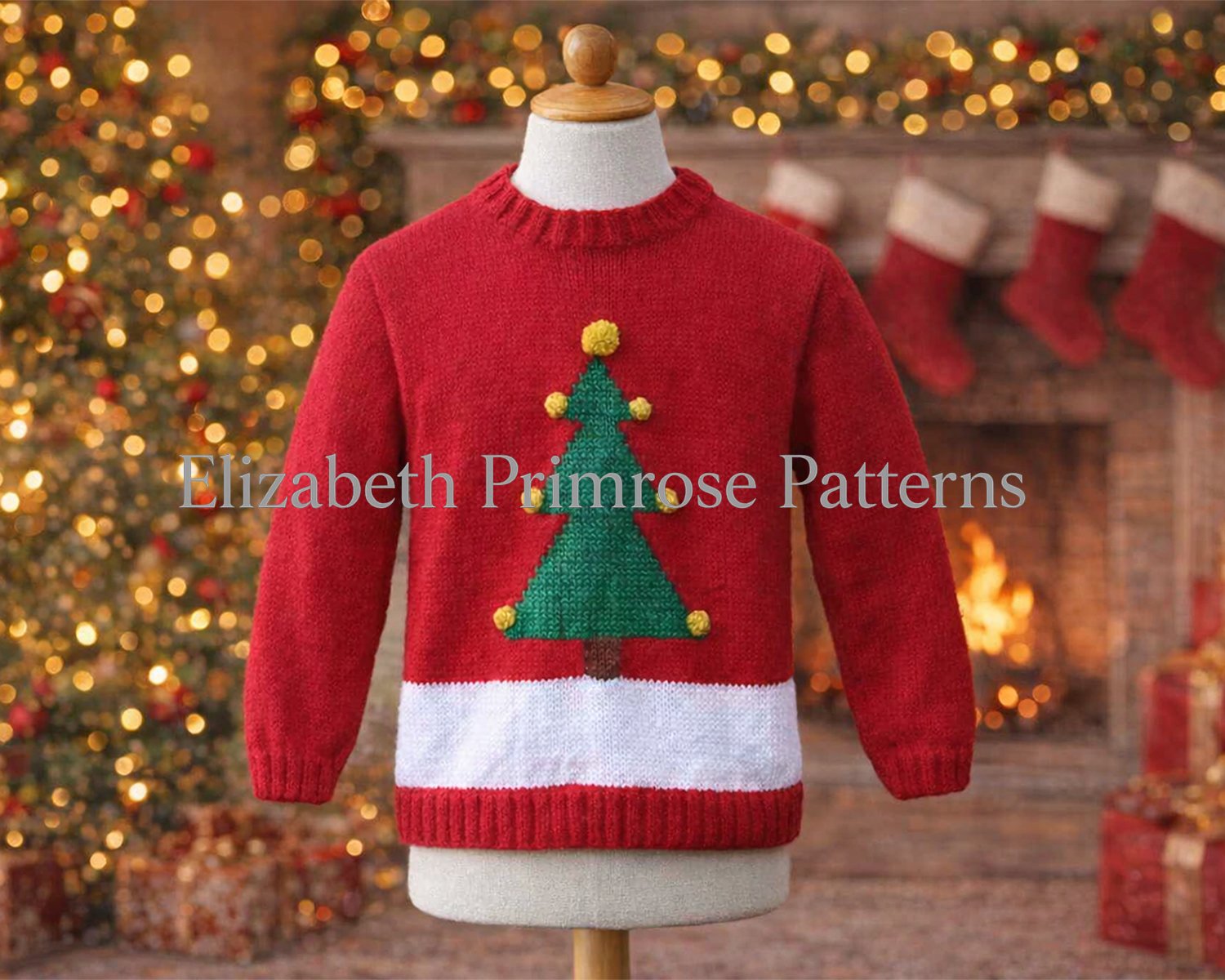 A red children’s Christmas jumper with a green tree motif and pompom topper, shown on a mannequin against a festive background.