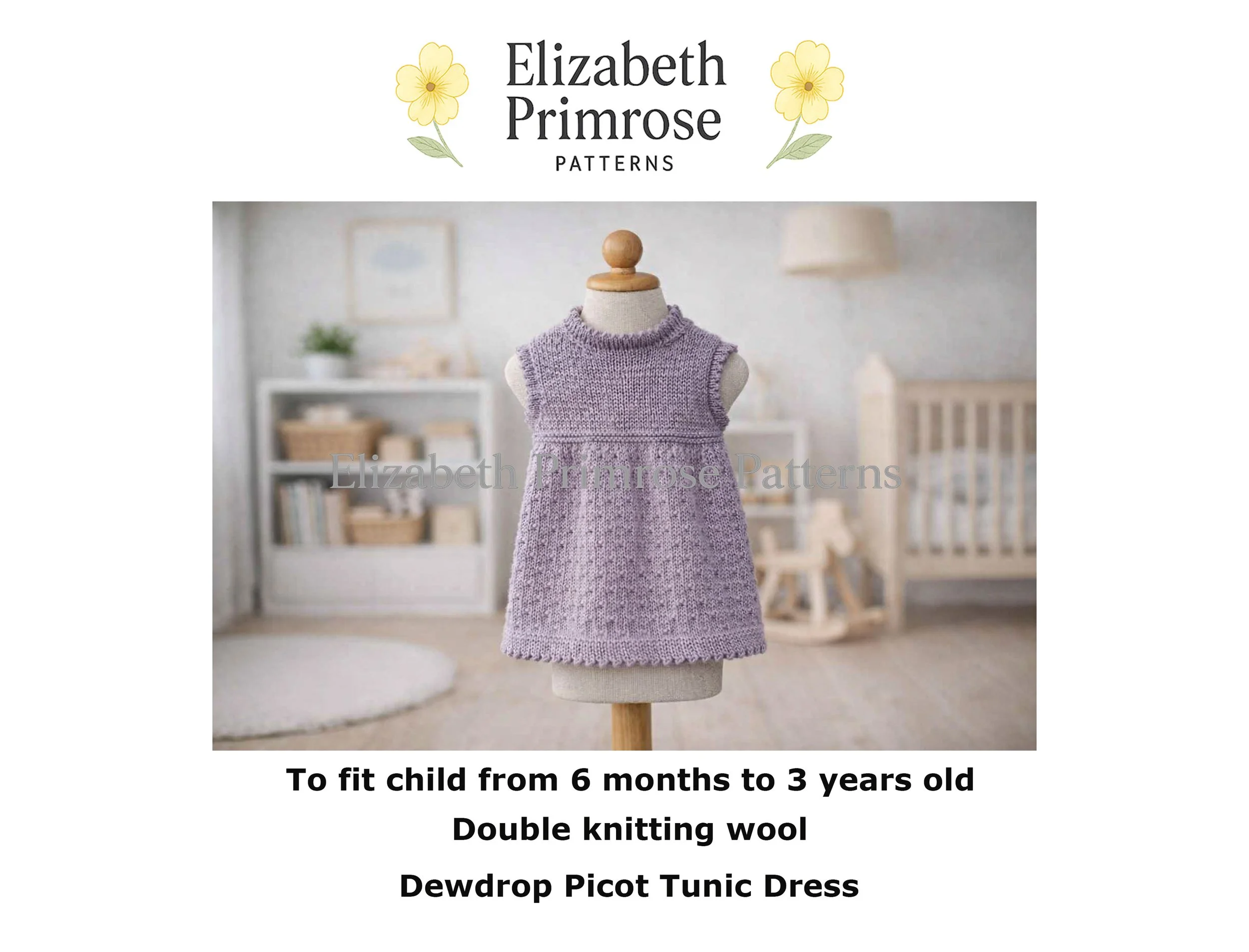 Lavender knitted tunic dress on a wooden mannequin in a softly lit nursery, featuring a textured dotty skirt, smooth bodice, and delicate picot edging.