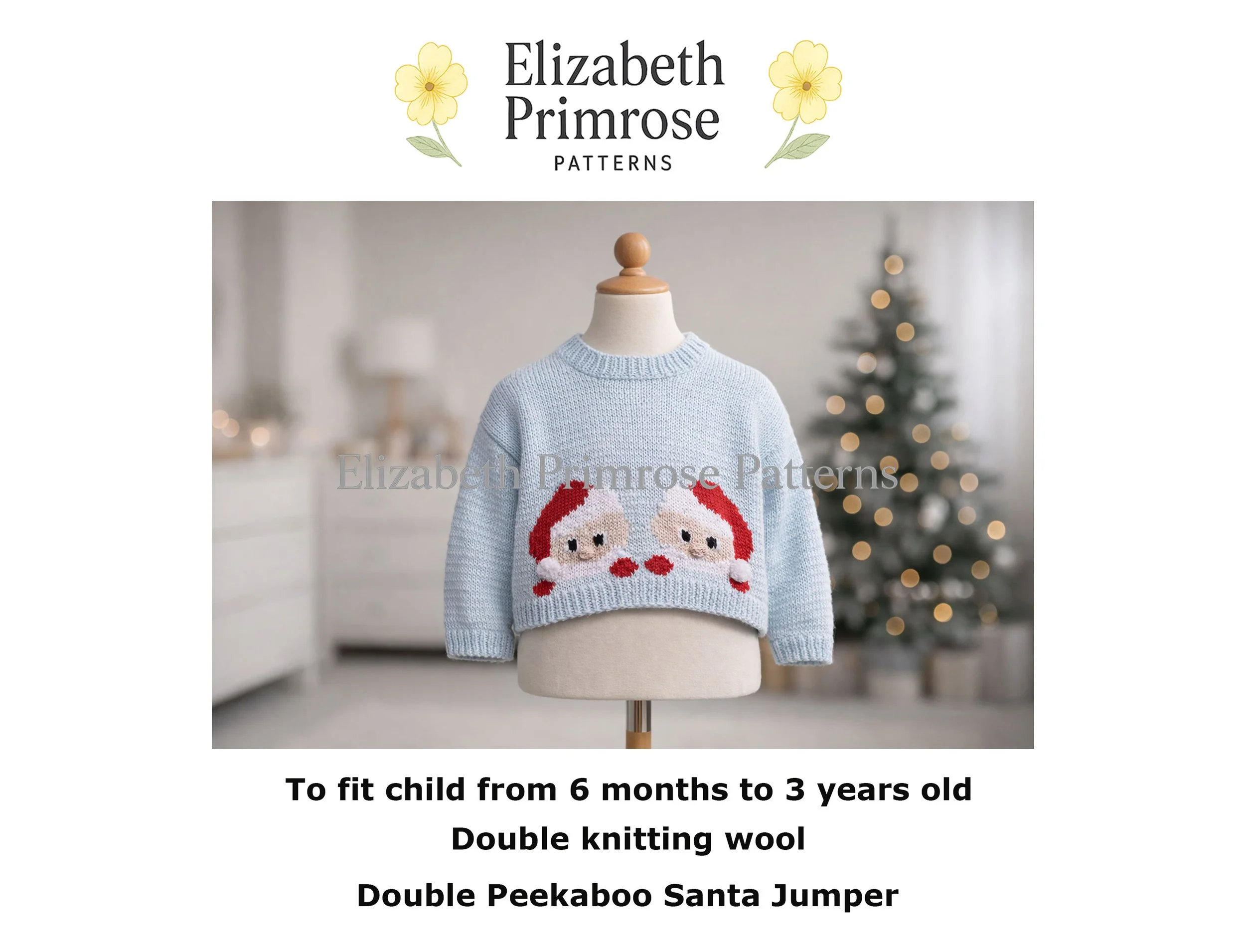 Light blue children’s jumper on a mannequin, featuring two Santa motifs peeking over the rib with a blurred Christmas tree in the background.