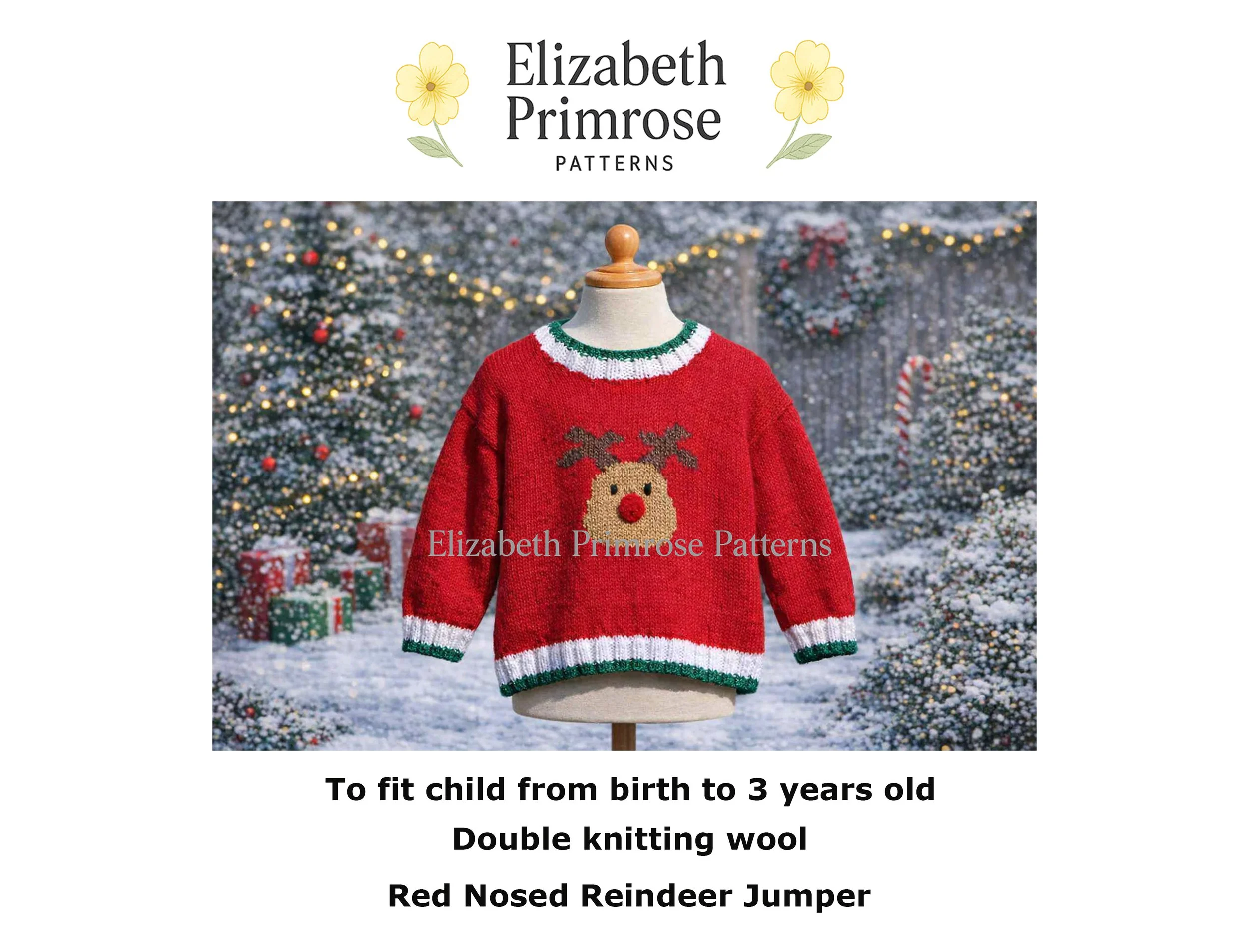 Red DK knitted reindeer jumper with pompom nose on a wooden mannequin, shown in a snowy Christmas scene.