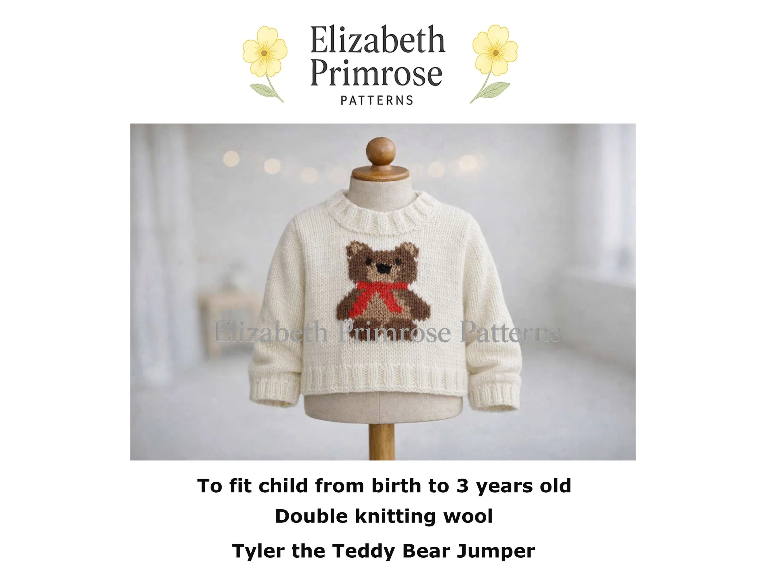 Cream knitted children’s jumper on a mannequin, featuring a brown teddy bear with a red scarf. Soft, bright room background.