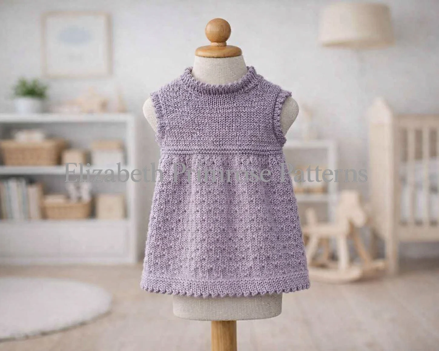Lavender knitted tunic dress on a wooden mannequin in a softly lit nursery, featuring a textured dotty skirt, smooth bodice, and delicate picot edging.