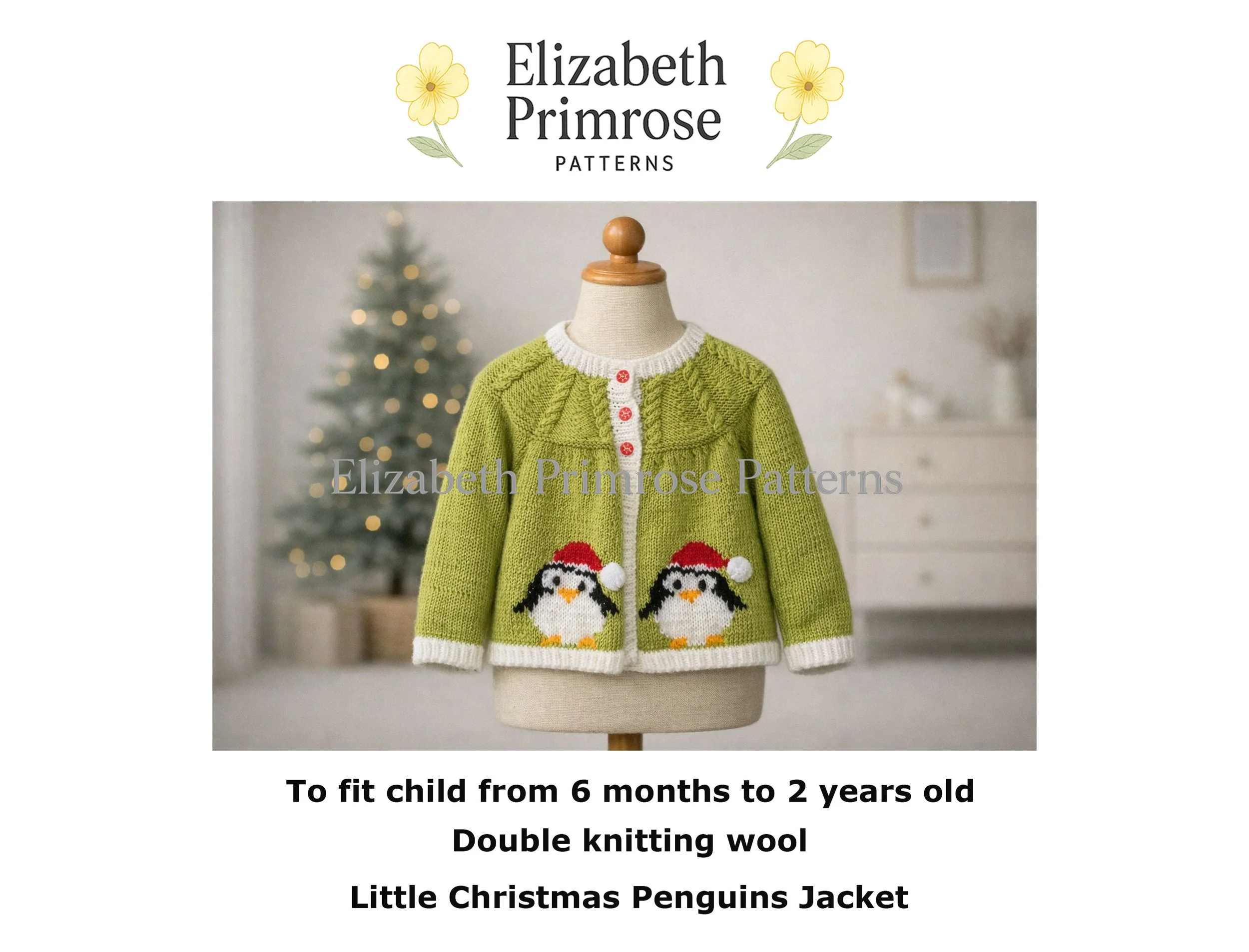 Green children’s Christmas cardigan on a mannequin, featuring two penguins in Santa hats and red snowflake buttons, set against a softly blurred festive room.