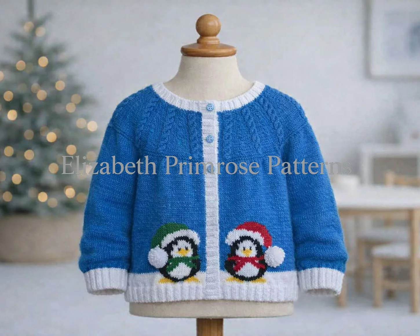 Blue cardigan with penguin designs displayed on a child’s mannequin, crisp stitches visible against a softly blurred Christmas tree and cosy interior background.