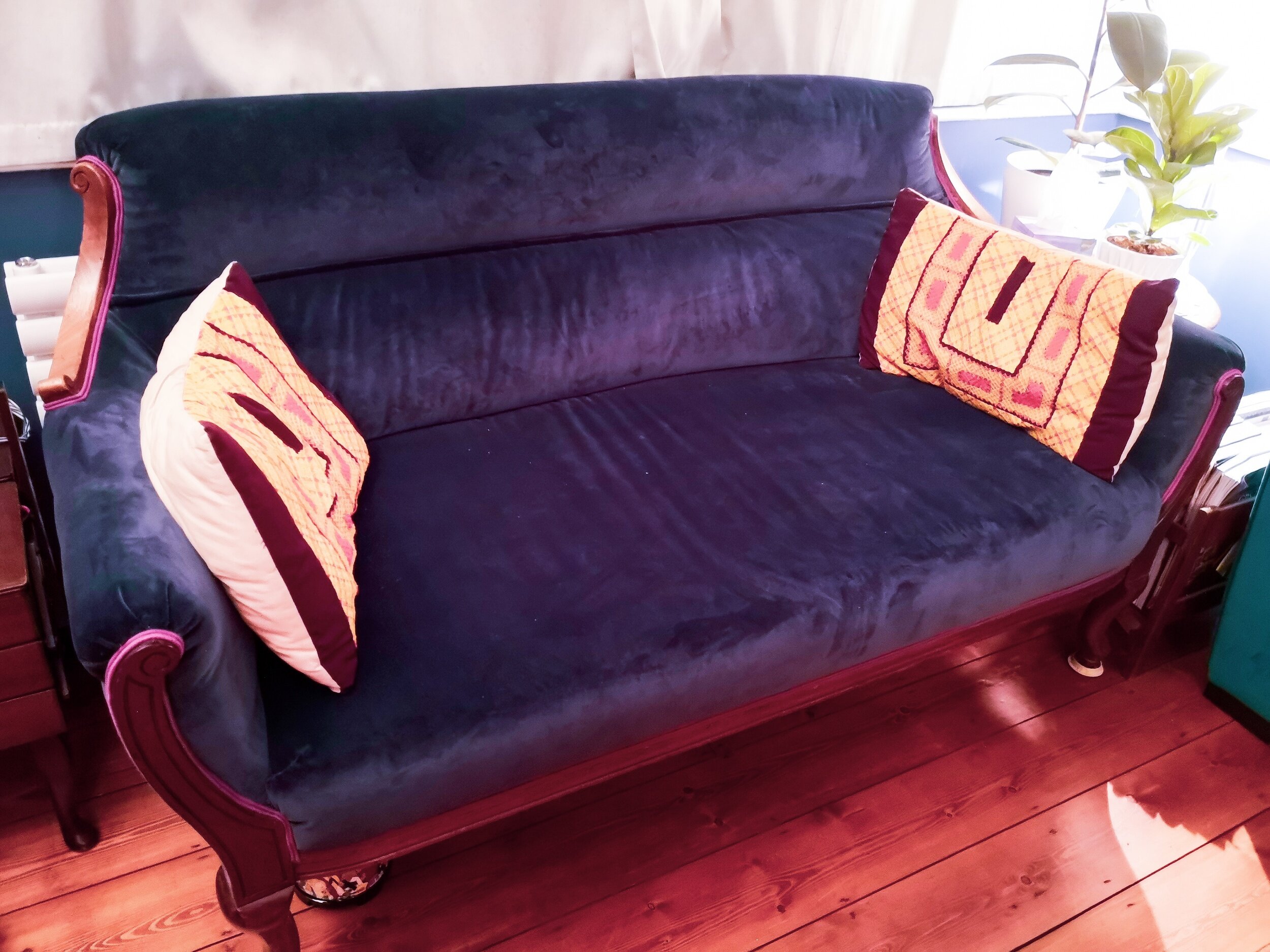 Vintage French sofa newly restored and covered on a beautiful Linwood velvet.