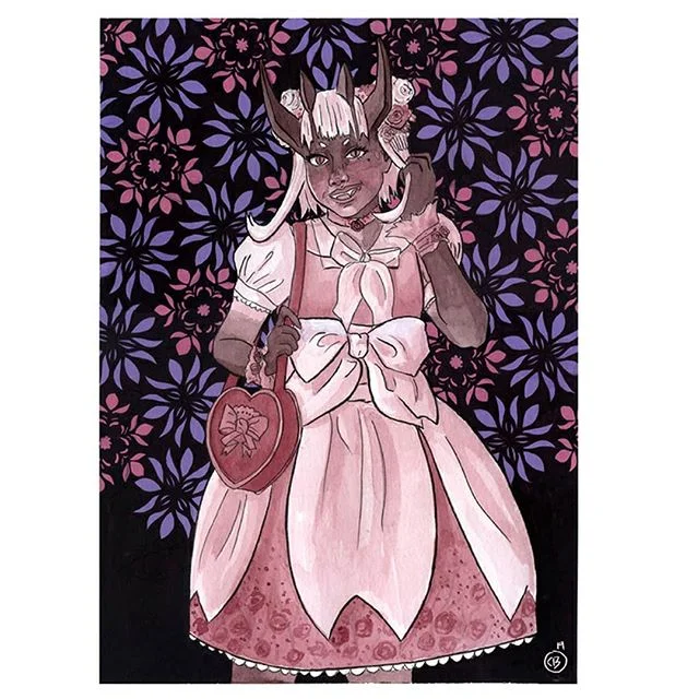 An ink and gouache piece. Again this one doesn't have a title and I am looking for suggestions.  Hope you guys like her. 
#art #artist #artistsoninstagram #cheriebryant #ink #gouache #Demon #oni #lolita #onigirl #pink #flowers