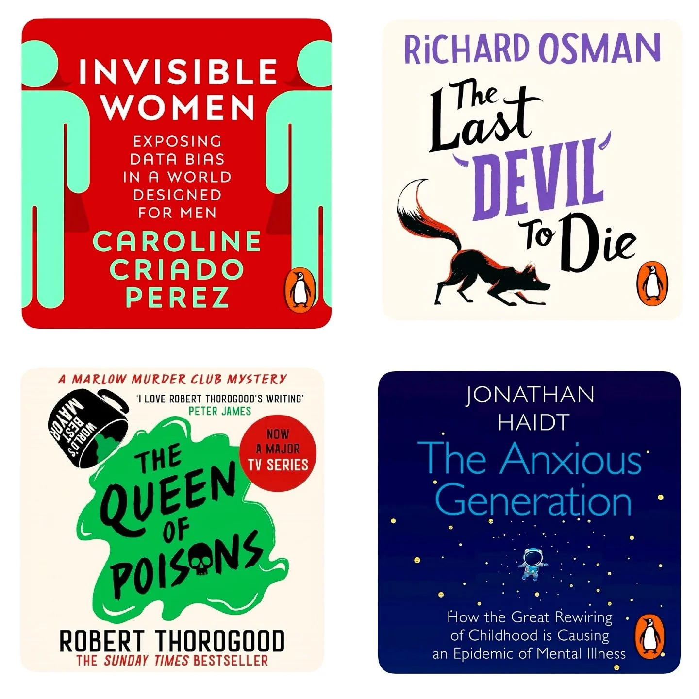 Spring listens 🎧🌷
&bull;
&bull;
&bull;
&bull;
#audiobooks #Audible #InvisibleWomen #TheLastDevilToDie #TheQueenOfPoisons #TheAnxiousGeneration #CarolineCriadoPerez #RichardOsman #RobertThorogood #JonathanHaidt #audio #recommendedreading #amreading 