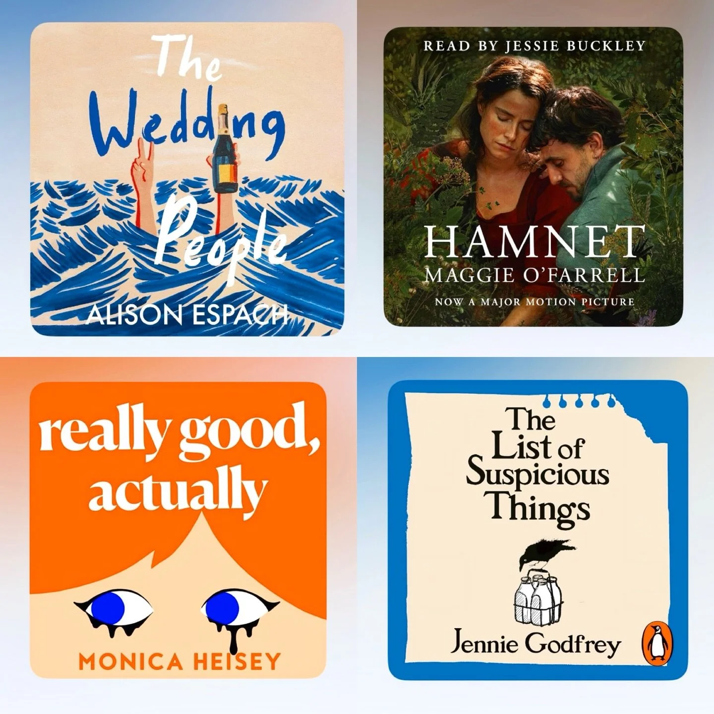 Ended the year with some cracking audiobooks. Loved, loved, loved these! I really saved the best &lsquo;til last&hellip;
🎧
The Wedding People by Alison Espach
Hamnet by Maggie O&rsquo;Farrell
Really Good, Actually by Monica Heisey
The List of Suspic