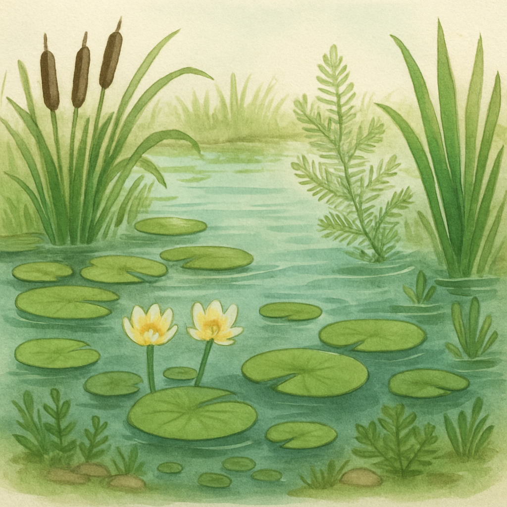 rendering of koi pond with aquatic plants