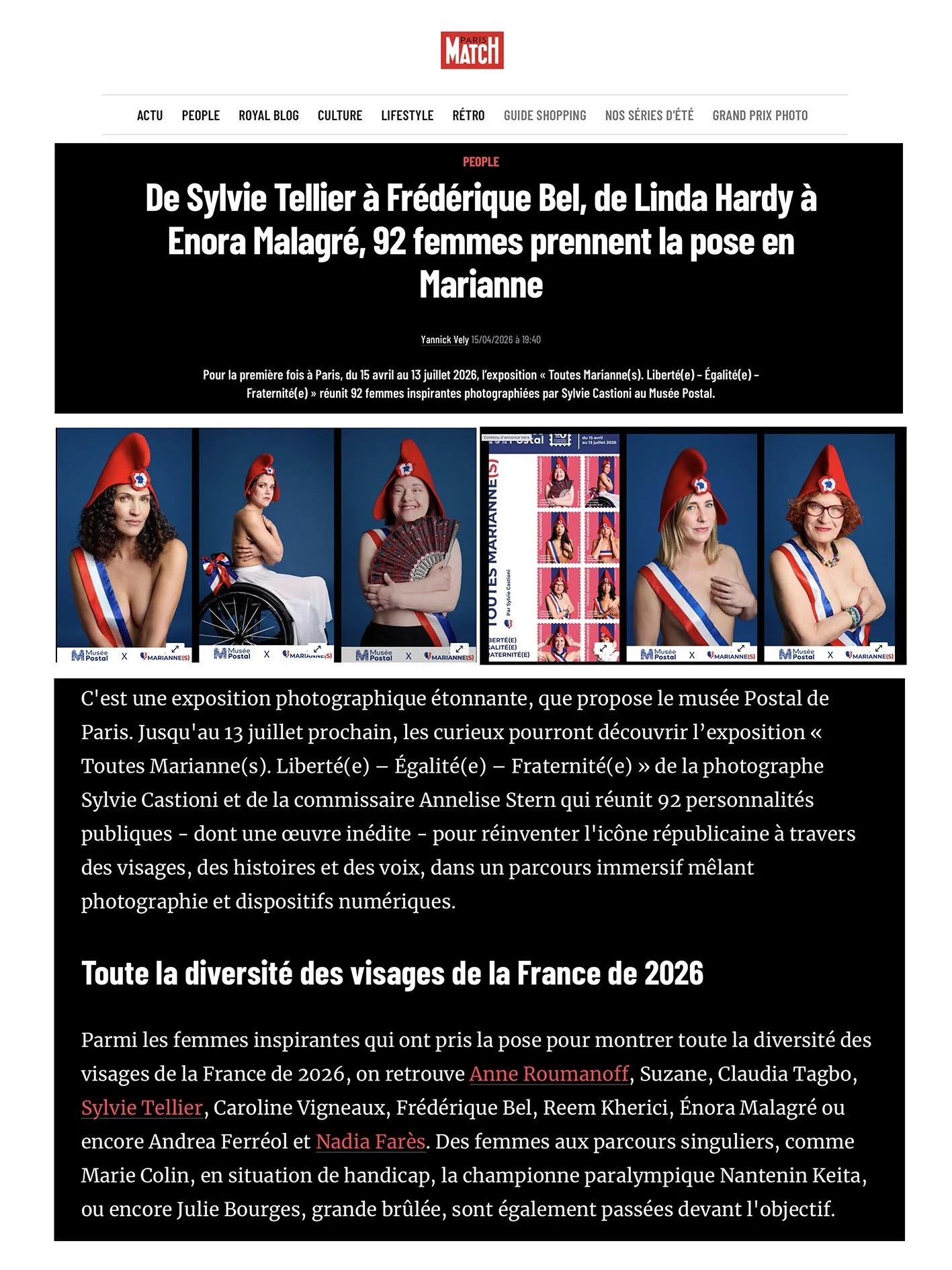 Parution dans Paris Match Exposition Toutes Marianne de Sylvie Castioni au Musée Postal Paris 