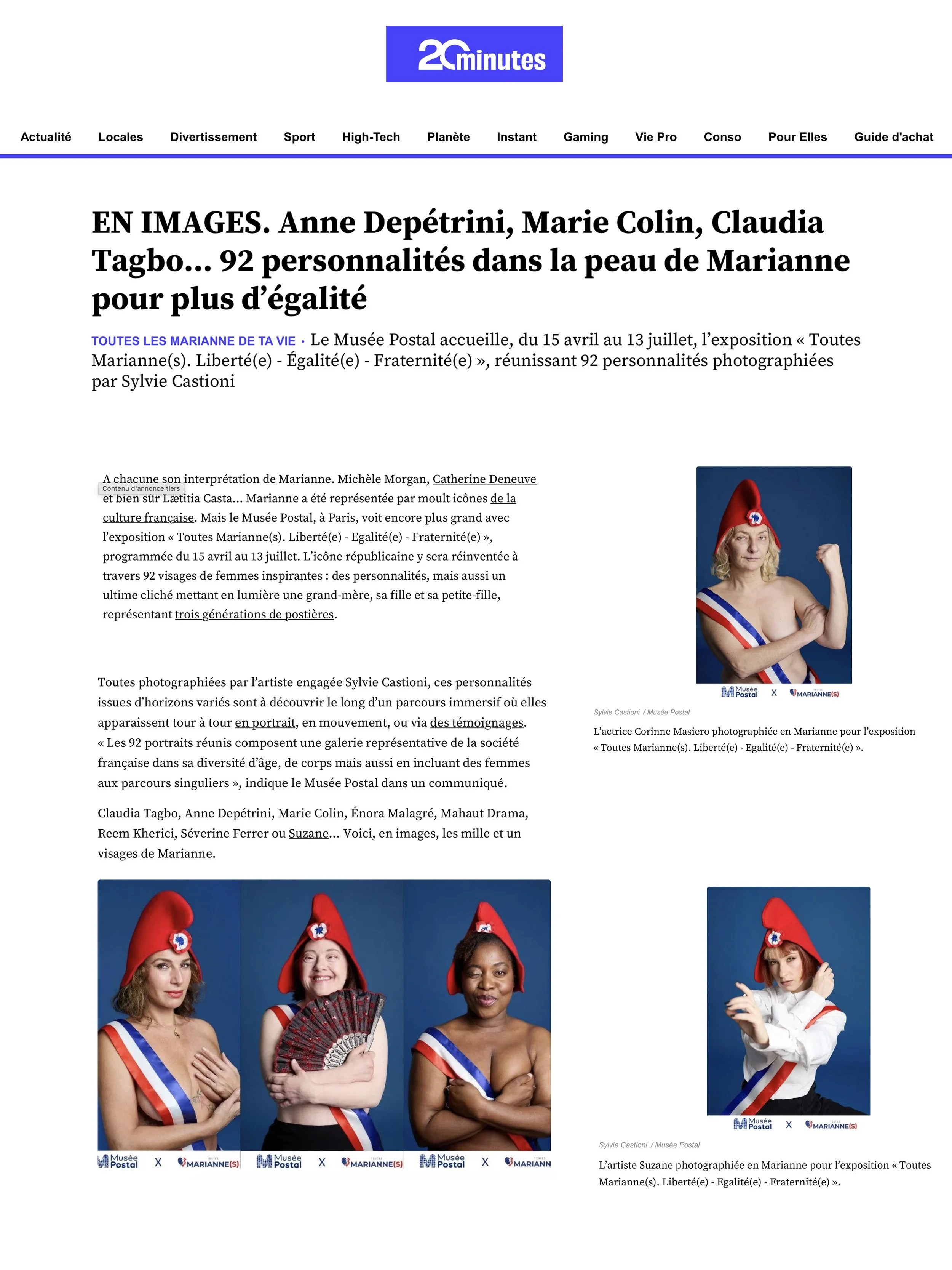 Article de presse dans 20 min , Exposition Toutes Marianne de Sylvie Castioni au Musée Postal Paris 