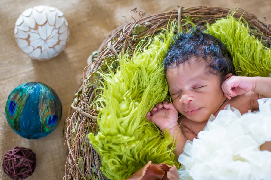 Baby sleeping in bird's nest
