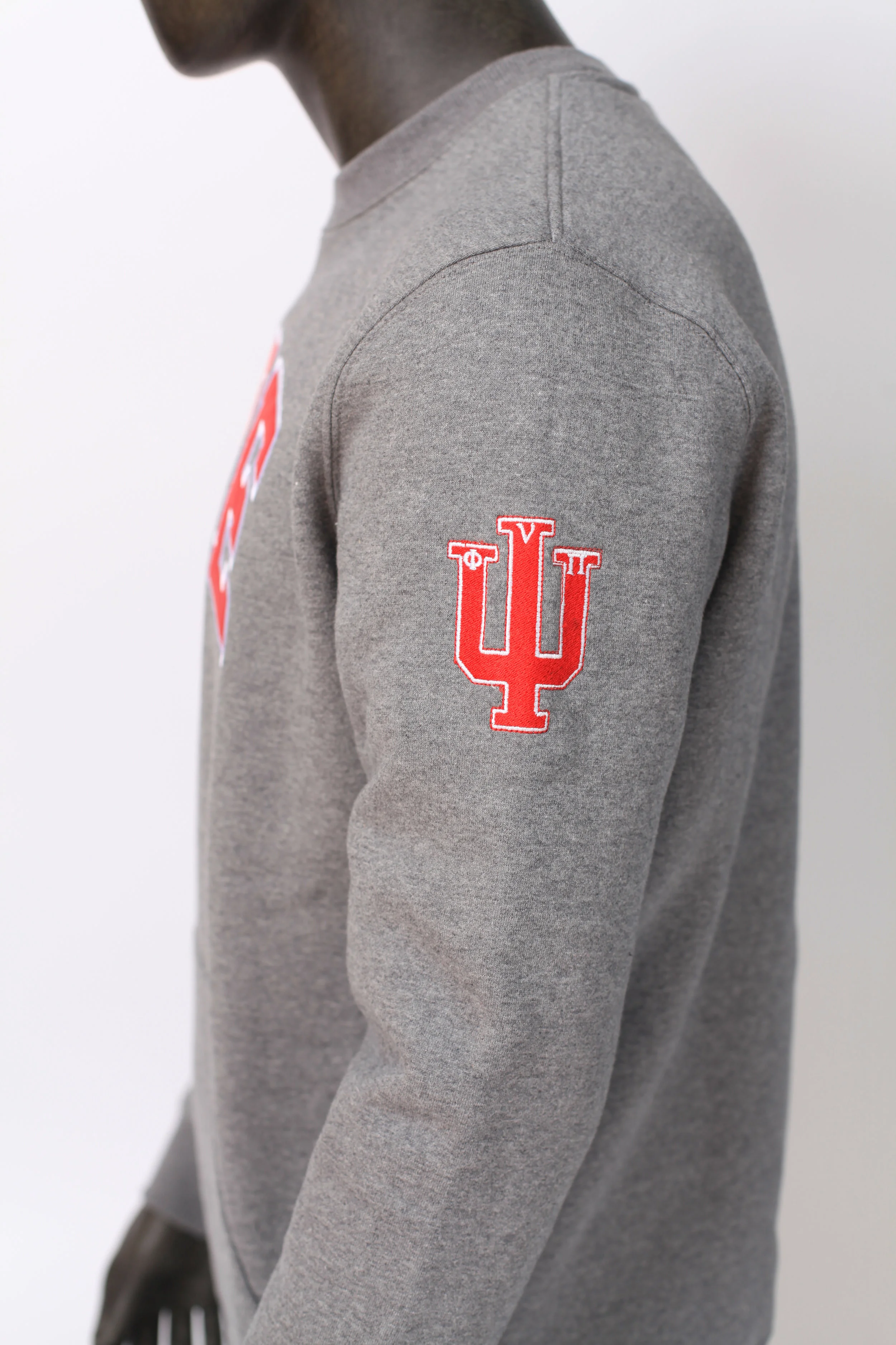 Sleeve of gray sweatshirt