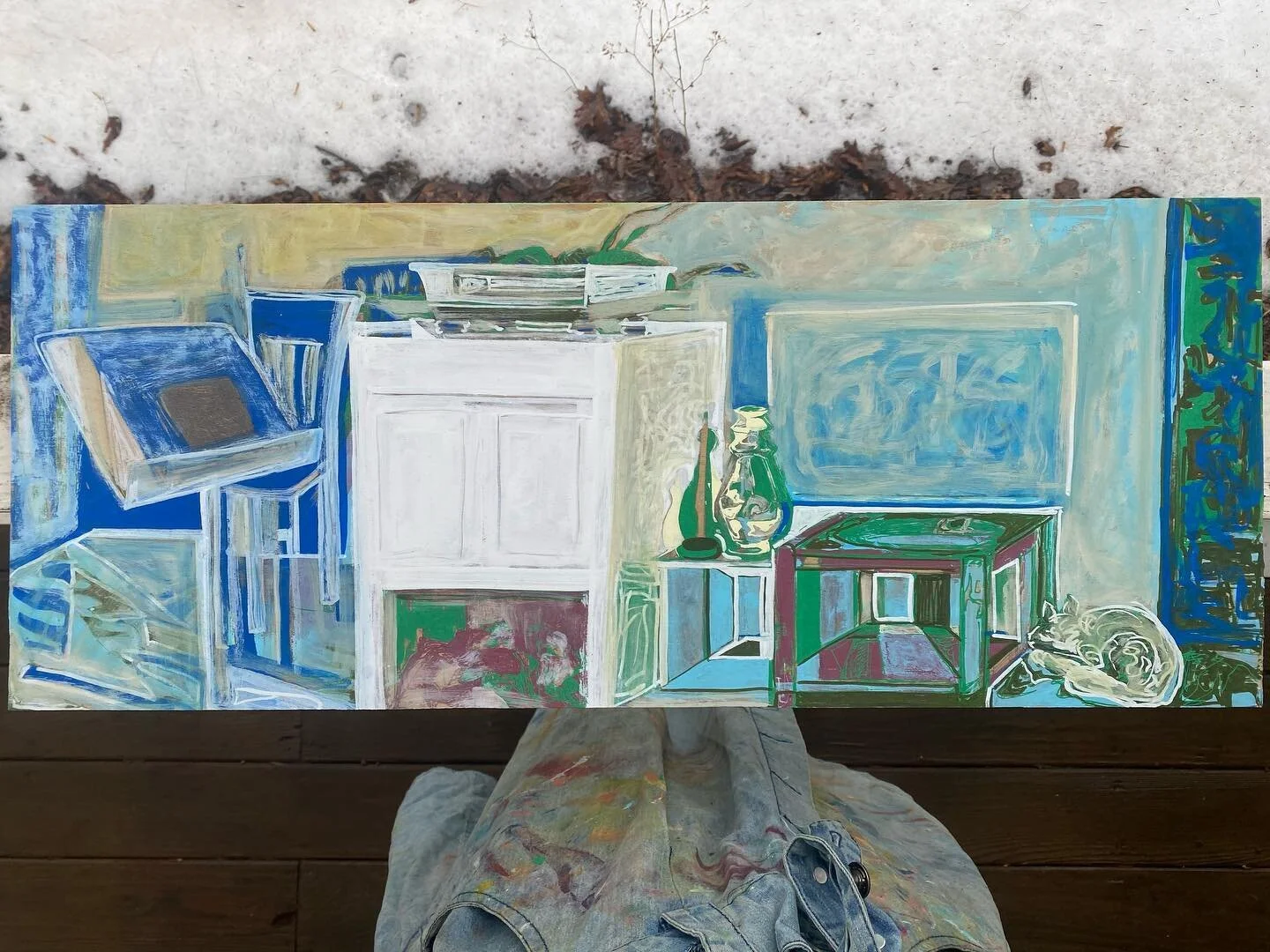 Blue House_11&rdquo; x 24&rdquo;, acrylic on wood_🌱 original for sale 

⚡️ #painting #artforsale #blue #plants #cat #musicartist #visualart #cozyspace #light #winter #coldandwarm