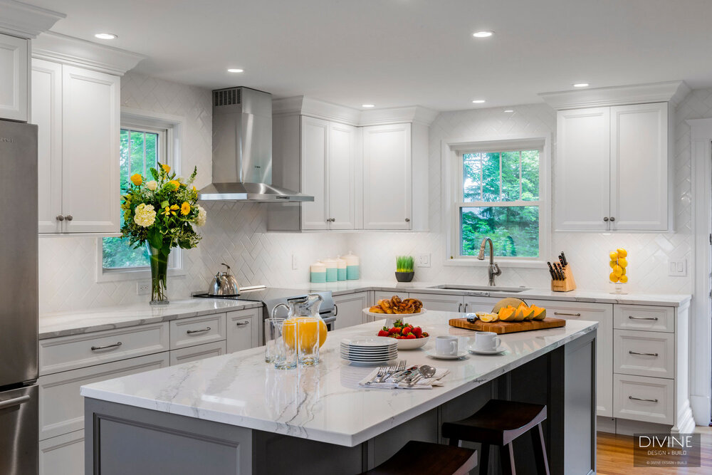 Bright Transitional Kitchen Grey Island, Grey Kitchen Cabinets With Subway Tile Backsplash