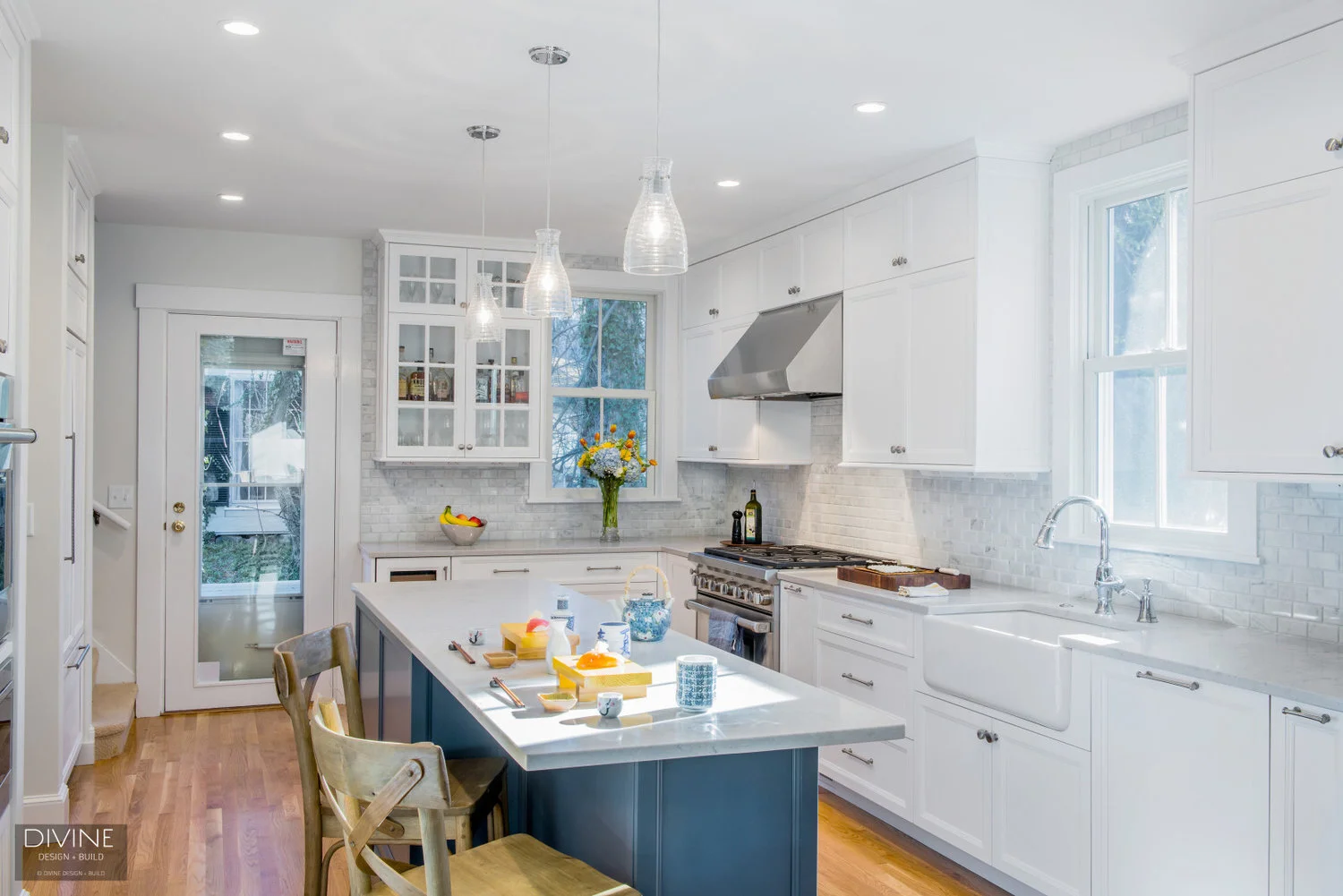 BOSTON NEWTON TRANSITIONAL KITCHEN BLUE GRAY ISLAND