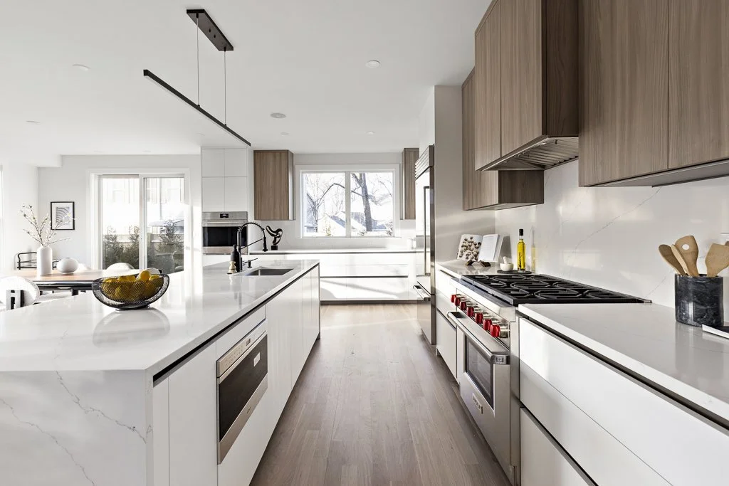 Gorgeous Wood Kitchen with Angled Waterfall Island in Newton, MA