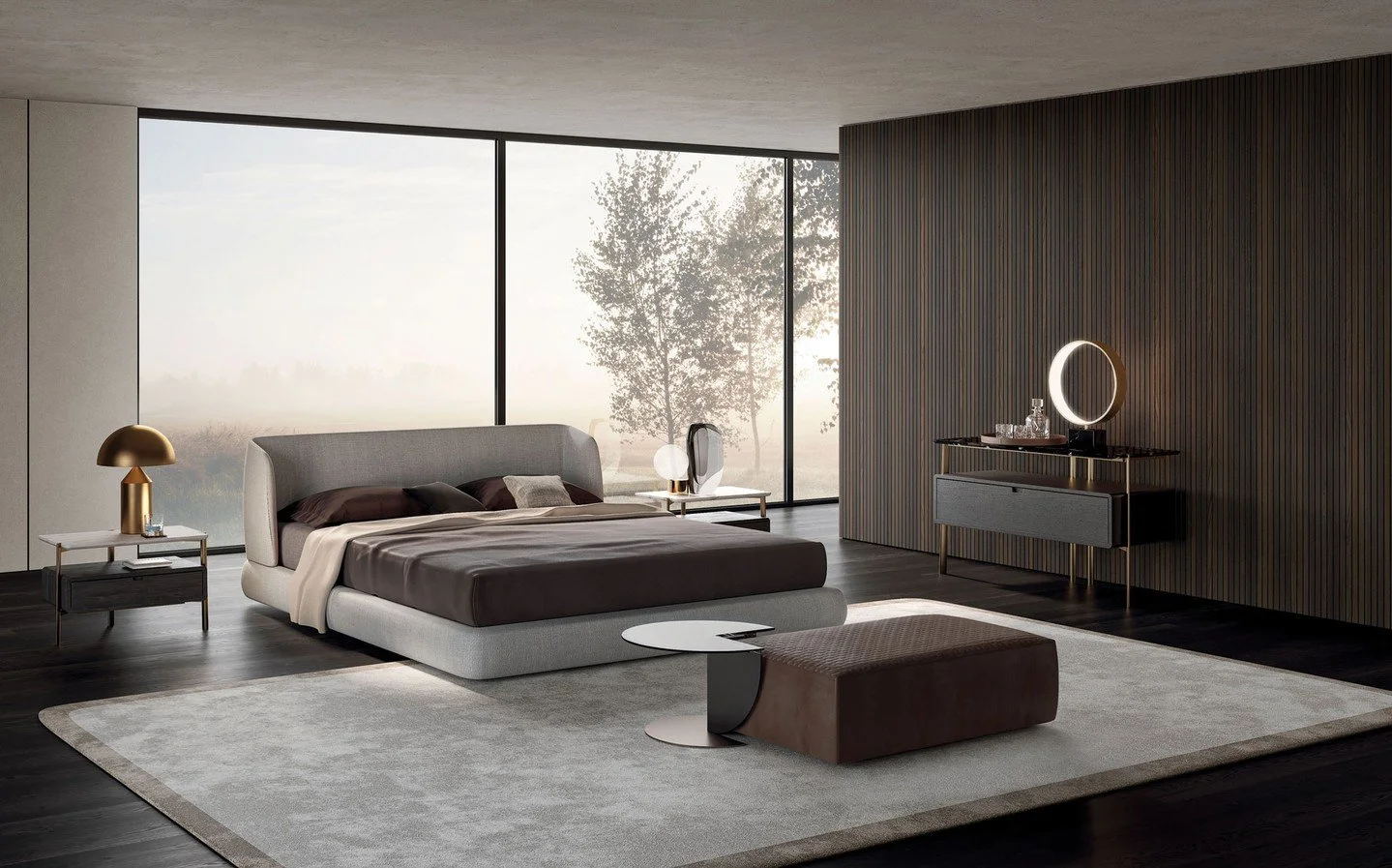 The Virgin Bed by @misuraemme_spa embodies the brand&rsquo;s sartorial approach to contemporary living. Designed by Mauro Lipparini, its enveloping headboard and refined proportions create a quiet sense of comfort, while hidden storage options enhanc