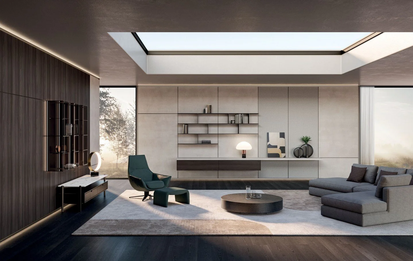 The wall that does it all. ✦
PUZZLE by @misuraemme_spa &mdash; a modular boiserie system where every finish, every detail, every configuration is entirely yours.
Frames in metal. Inserts in glass, concrete, woven straw, veneer, or melamine. Container