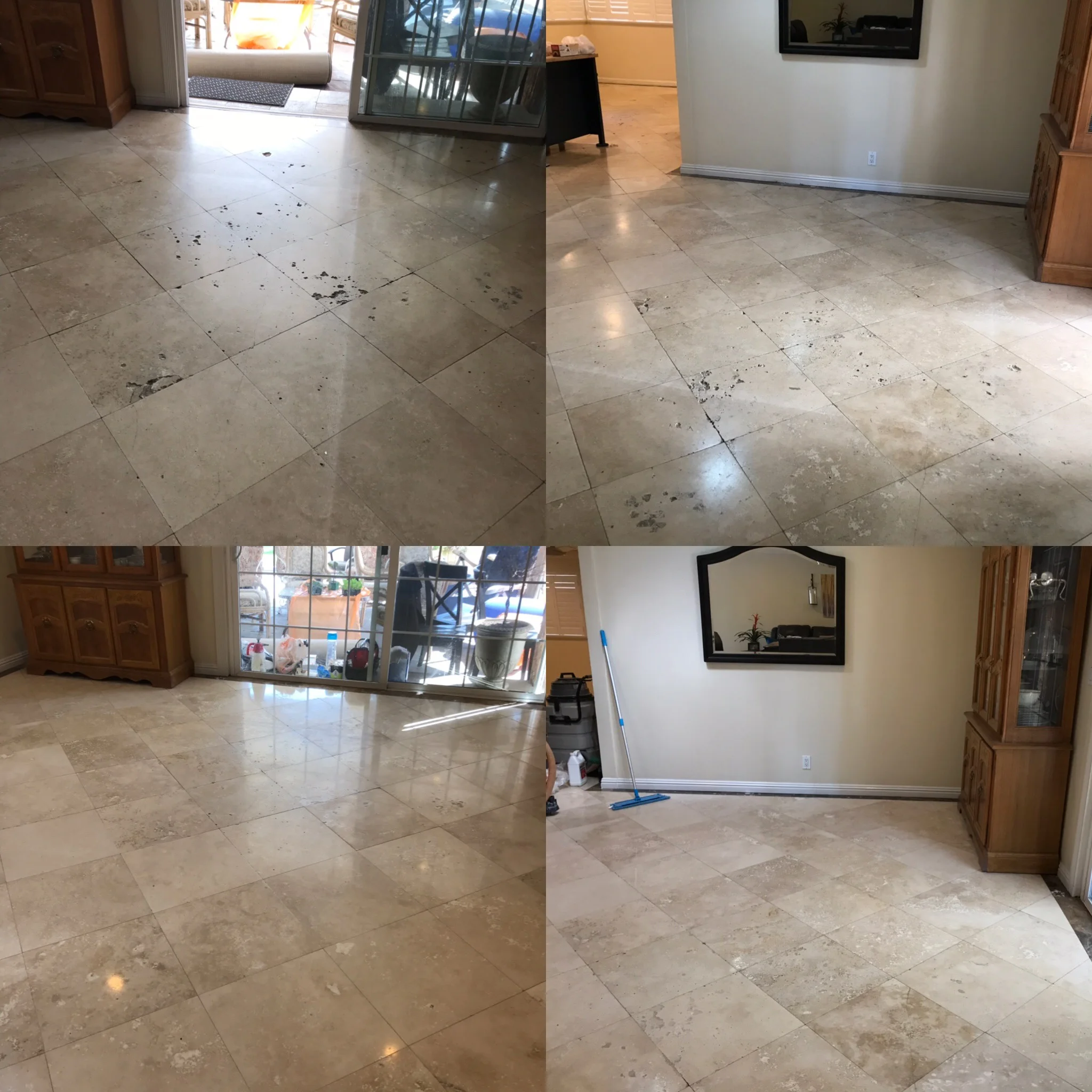 TRAVERTINE FLOORING EPOXY FILLED HOLES AND FULLY RESTORED