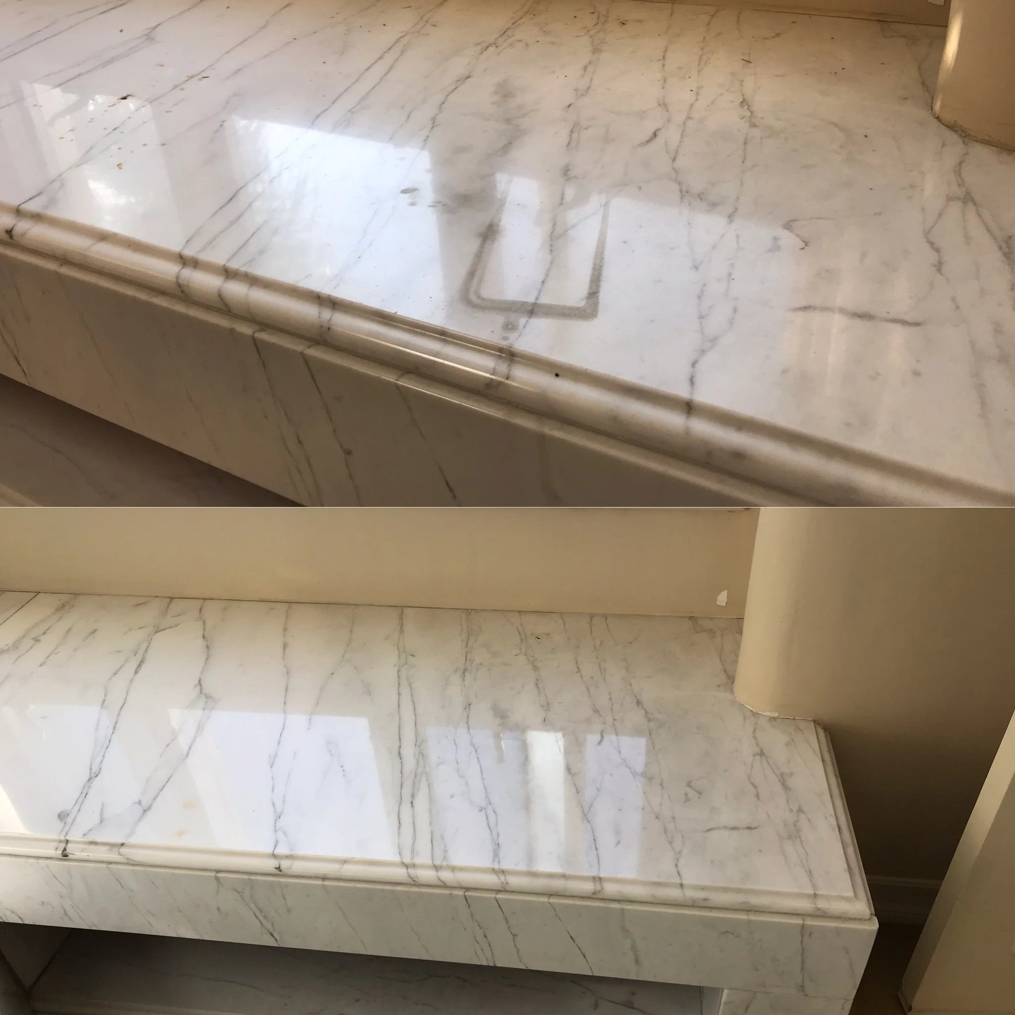 WHITE MARBLE RESTORED TO REMOVE ACID STAIN