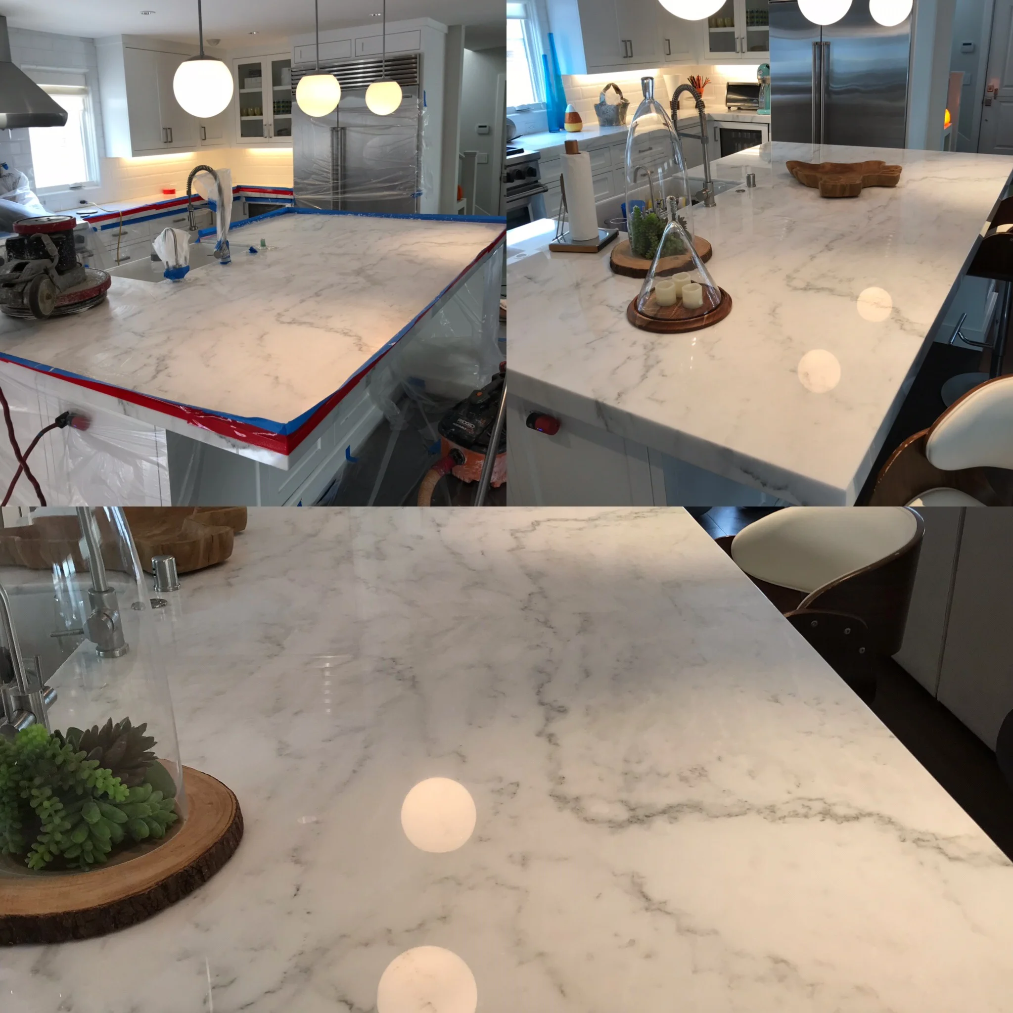 WHITE CARRA MARBLE COUNTERTOPS RESTORED TO HIGH POLISH