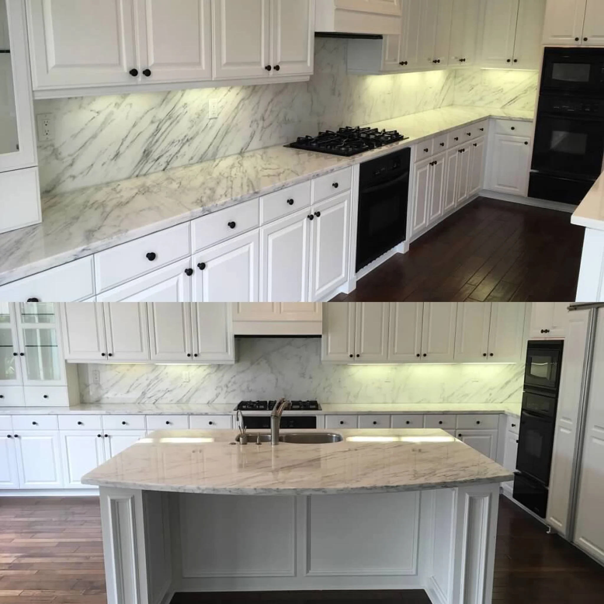 WHITE CARRA MARBLE COUNTERTOPS RESTORED TO HIGH POLISH