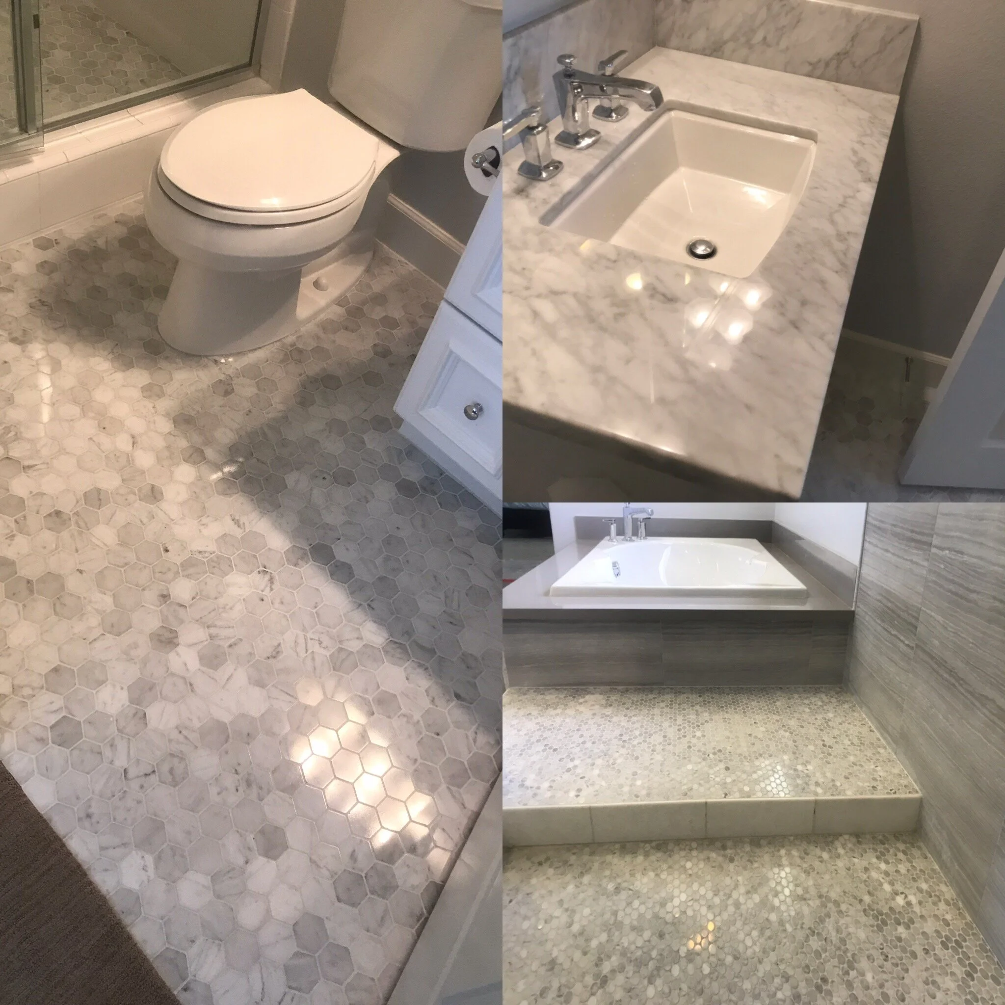WHITE CARRA COUNTERTOP WITH MOSAIC FLOORING RESTORED 