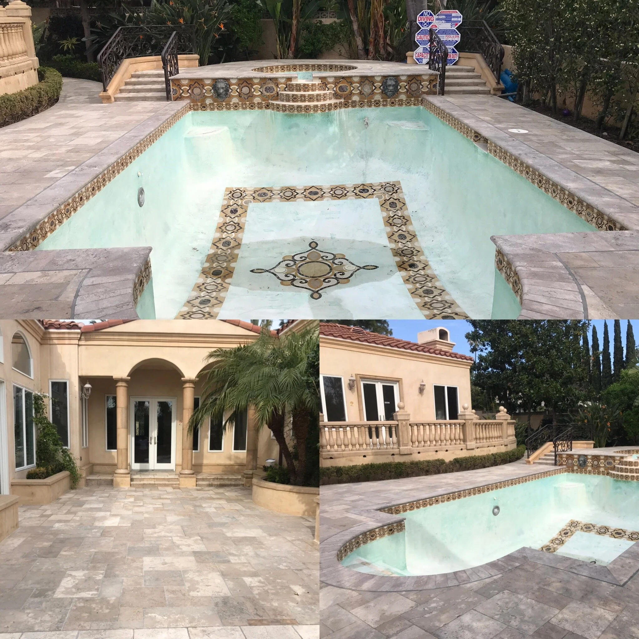 TRAVERINE FLOORING AND LIMESTONE POOL COPING DEEP CLEANED TO REMOVE MINERAL DEPOSITS  
