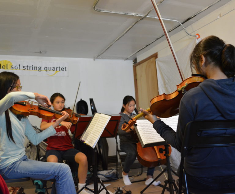 Young musicians rehearsing string quartet