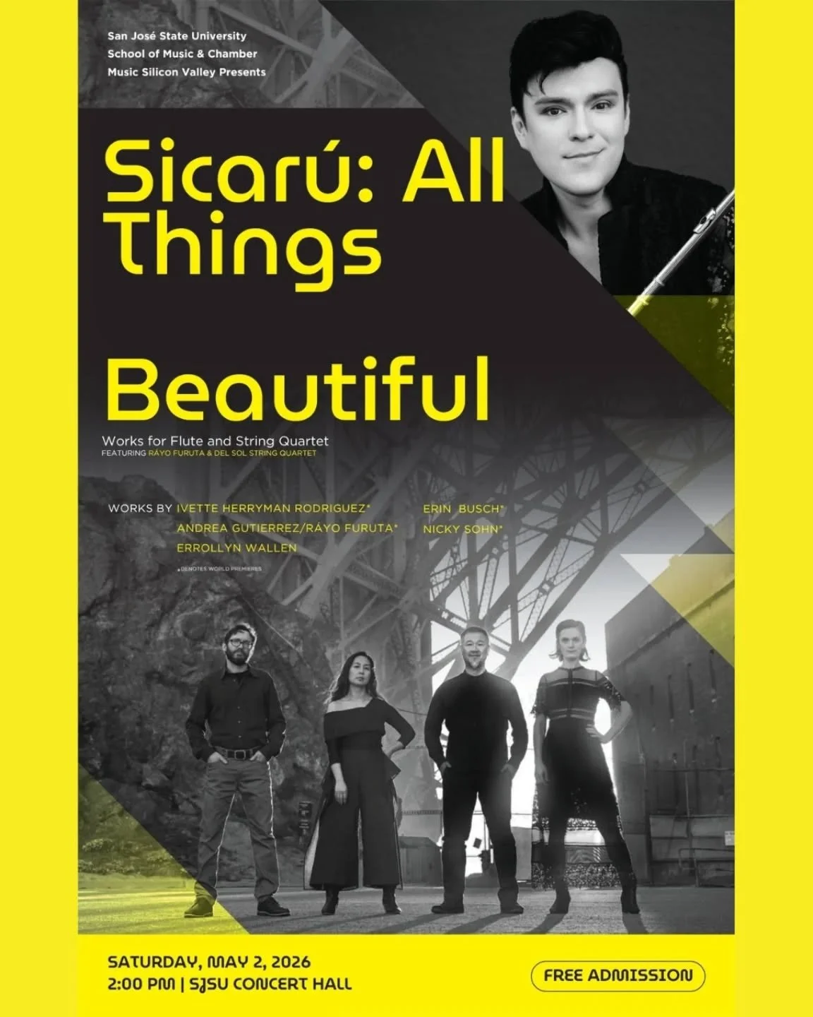 Please join us for a performance of works for flute and string quartet by @iherrymanr @a_gutierrezguerrero @errollyn9552 @erin.cello @berliozsgirlfriend with flutist extraordinaire @rayofuruta 

Saturday, May 2, 2pm at San Jose State University Conce