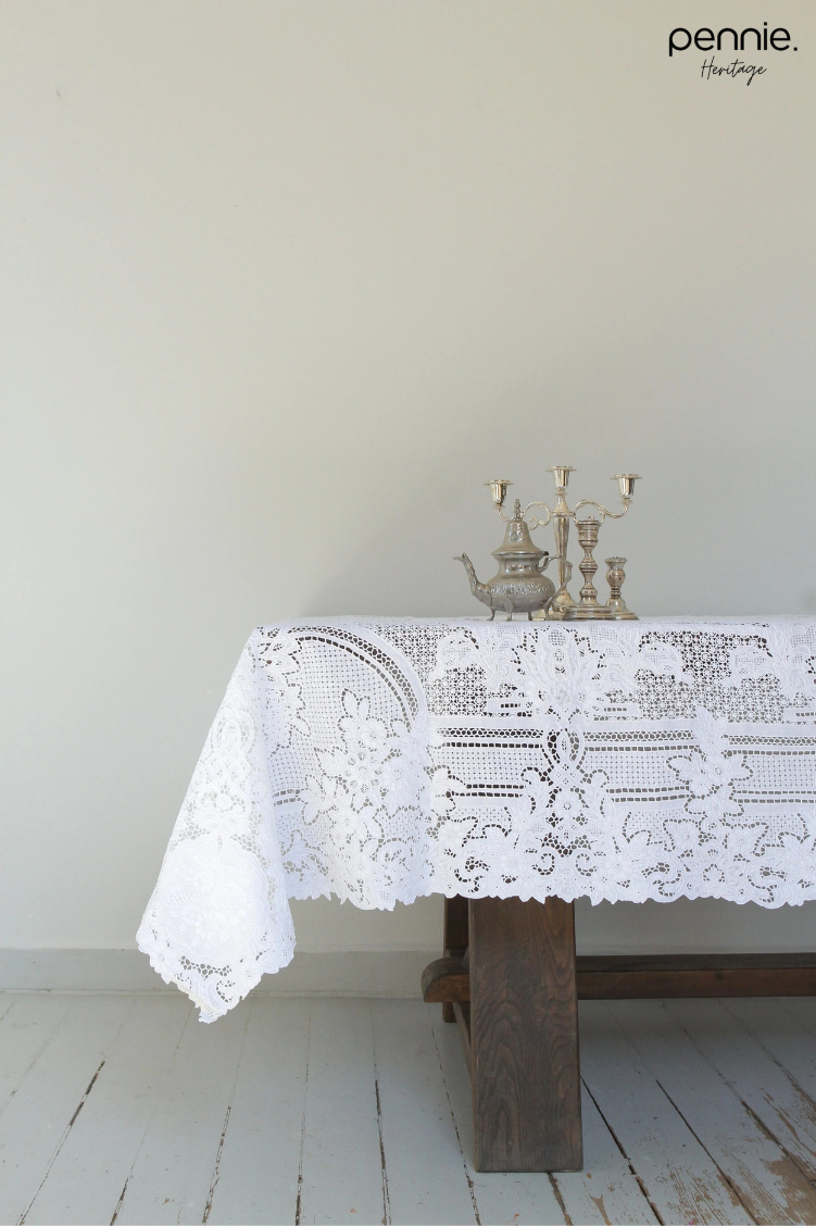 Vintage Handmade Cutwork & Raised Embroidery Tablecloth Set White