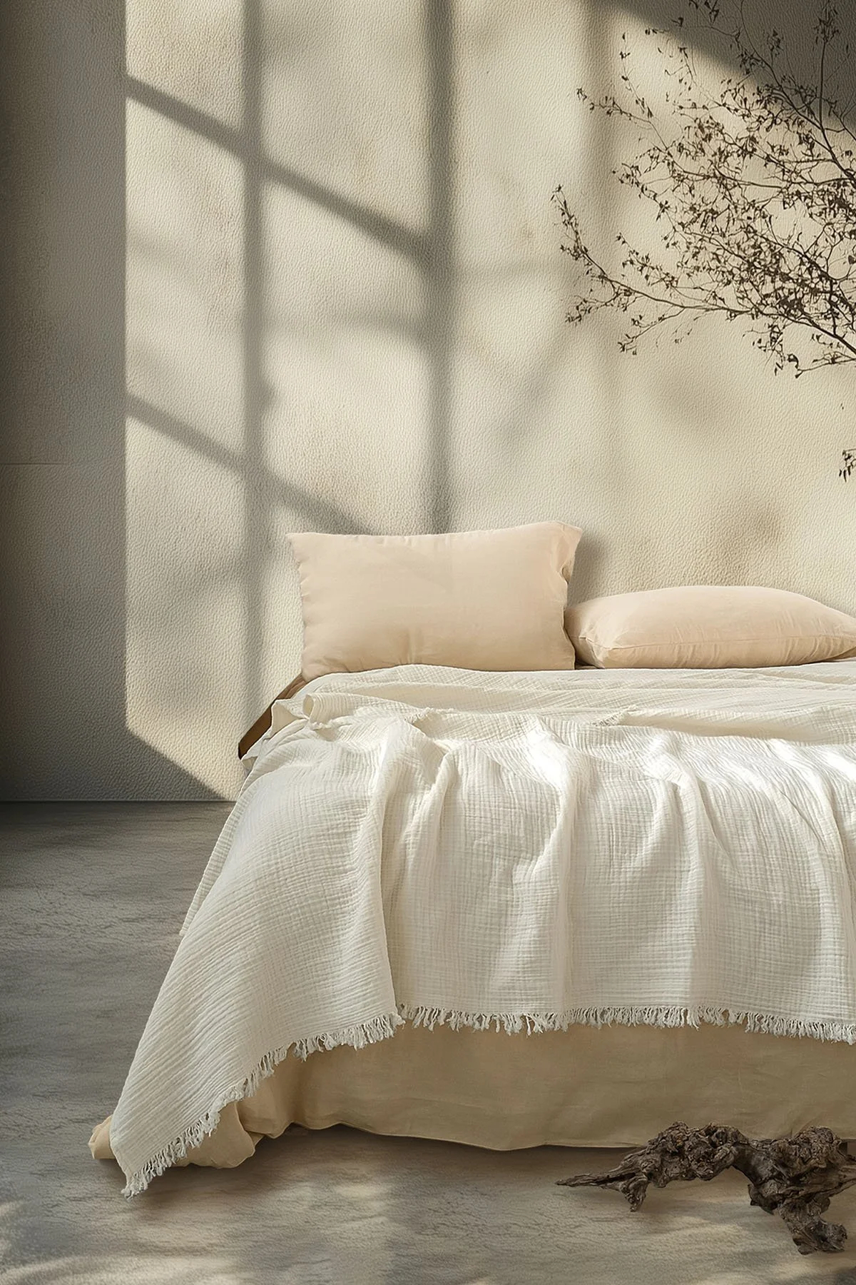 Geo Crinkle Gauze Bedcover Beige Ecru