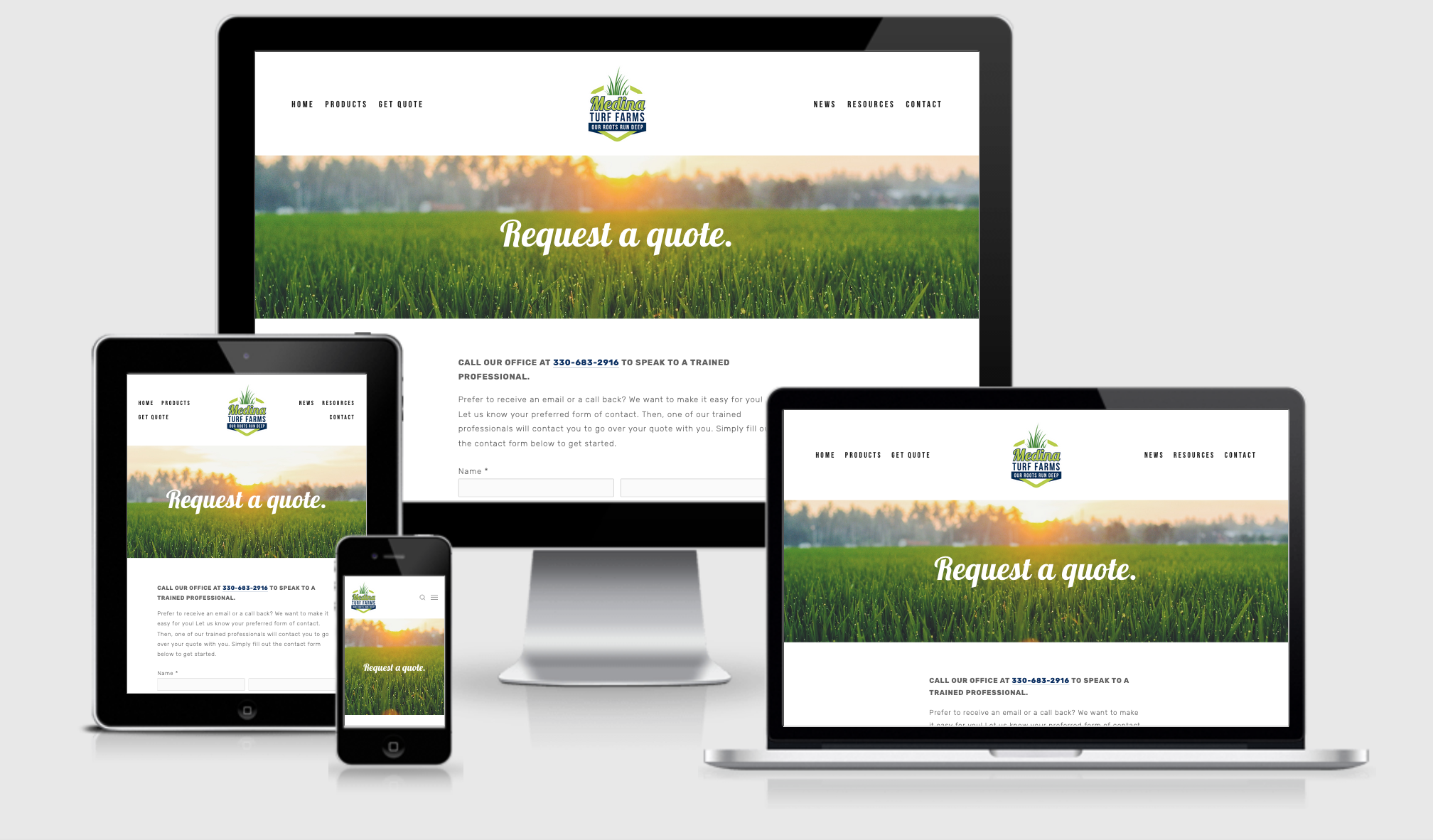 When ready to order turfgrass sod, Medina Turf Farms customers can request a quote online .