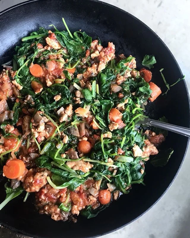 quick meat sauce eaten multiple ways! option 1: over warmed zucchini noodles; option 2: with a steamed package of @organicgirl protein greens. for the sauce: saut&eacute; 1/2 red onion + mushrooms, add in a package of ground turkey, transfer to a pot
