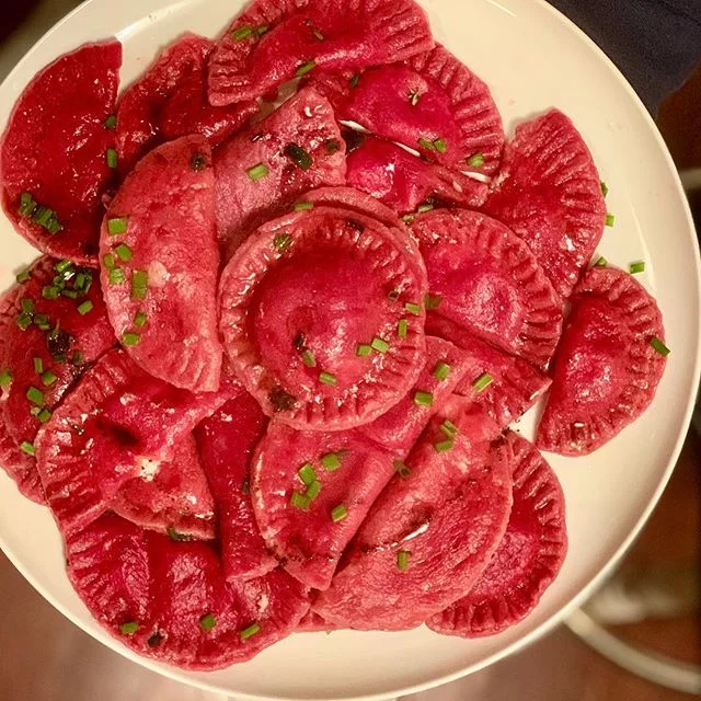 vday themed beet pasta ravioli w/ goat cheese! 💗 this is NOT gluten-free or dairy-free so I didn&rsquo;t get to try it BUT I heard it was very good 😆 I joined a new club this semester (@pennappetit) &amp; we made this pretty pasta for cooking club,