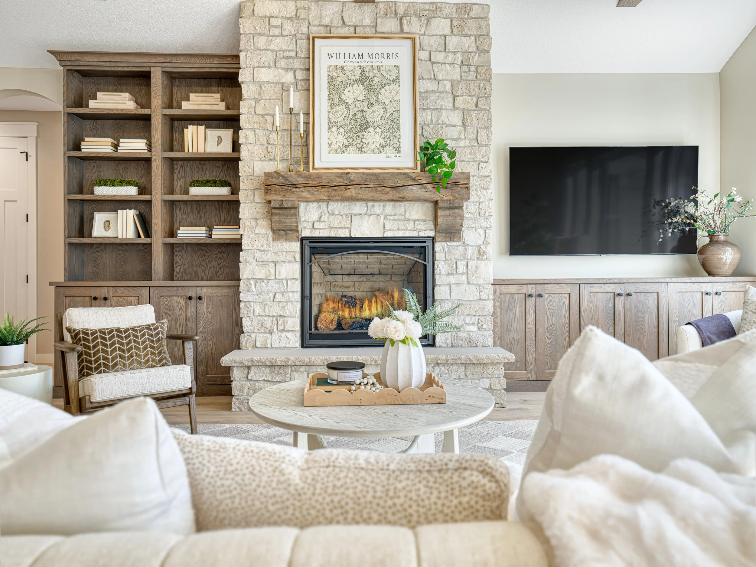 Living Room Stone Fireplace Built-ins Reclaimed Wood Mantle