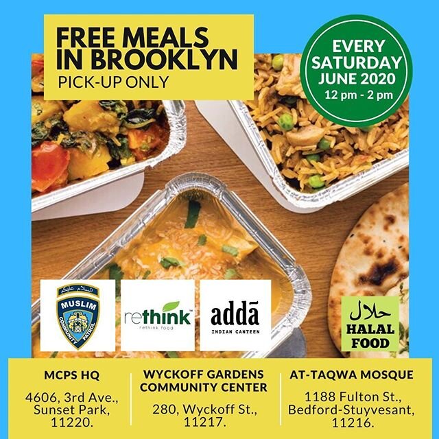 Free #halal meals available at MCPS HQ, @masjidattaqwabrooklyn and Wyckoff Gardens Community Center every Saturday this month. Please share with those in need. #feedingthehungry #halalmeals #newyorktough #newyork