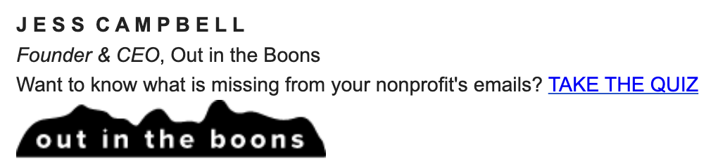 Jess's name, title and "Want to know what is missing from your nonprofit's emails? TAKE THE QUIZ